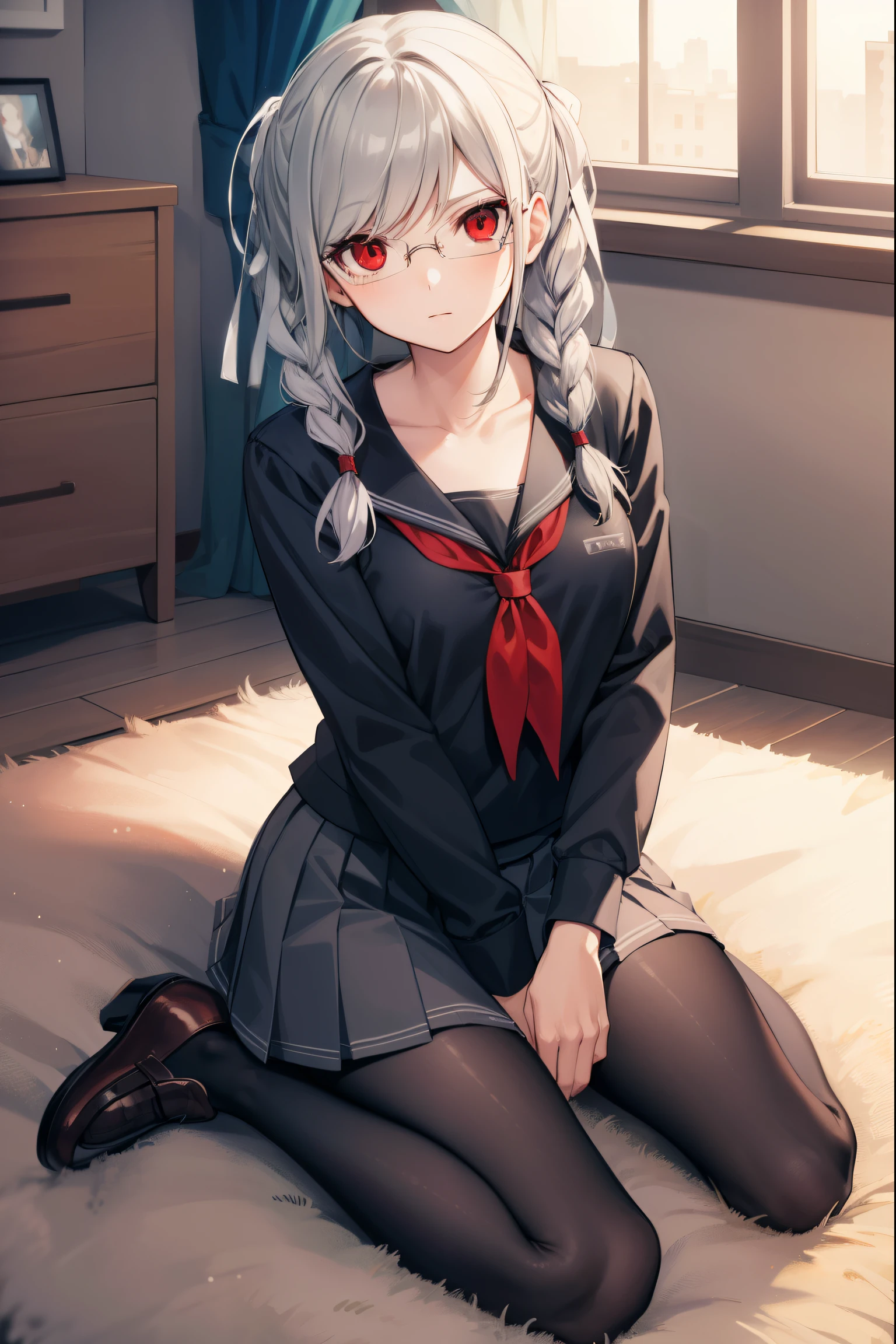 pekopekoyama, peko pekoyama, braid, long hair, (red eyes:1.5), twin braids, glasses,
BREAK black pantyhose, black shirt, brown footwear, collarbone, pantyhose, pleated skirt, school uniform, serafuku, shirt, shoes, skirt,
BREAK looking at viewer,
BREAK indoors, classroom,
BREAK (masterpiece:1.2), best quality, high resolution, unity 8k wallpaper, (illustration:0.8), (beautiful detailed eyes:1.6), extremely detailed face, perfect lighting, extremely detailed CG, (perfect hands, perfect anatomy),