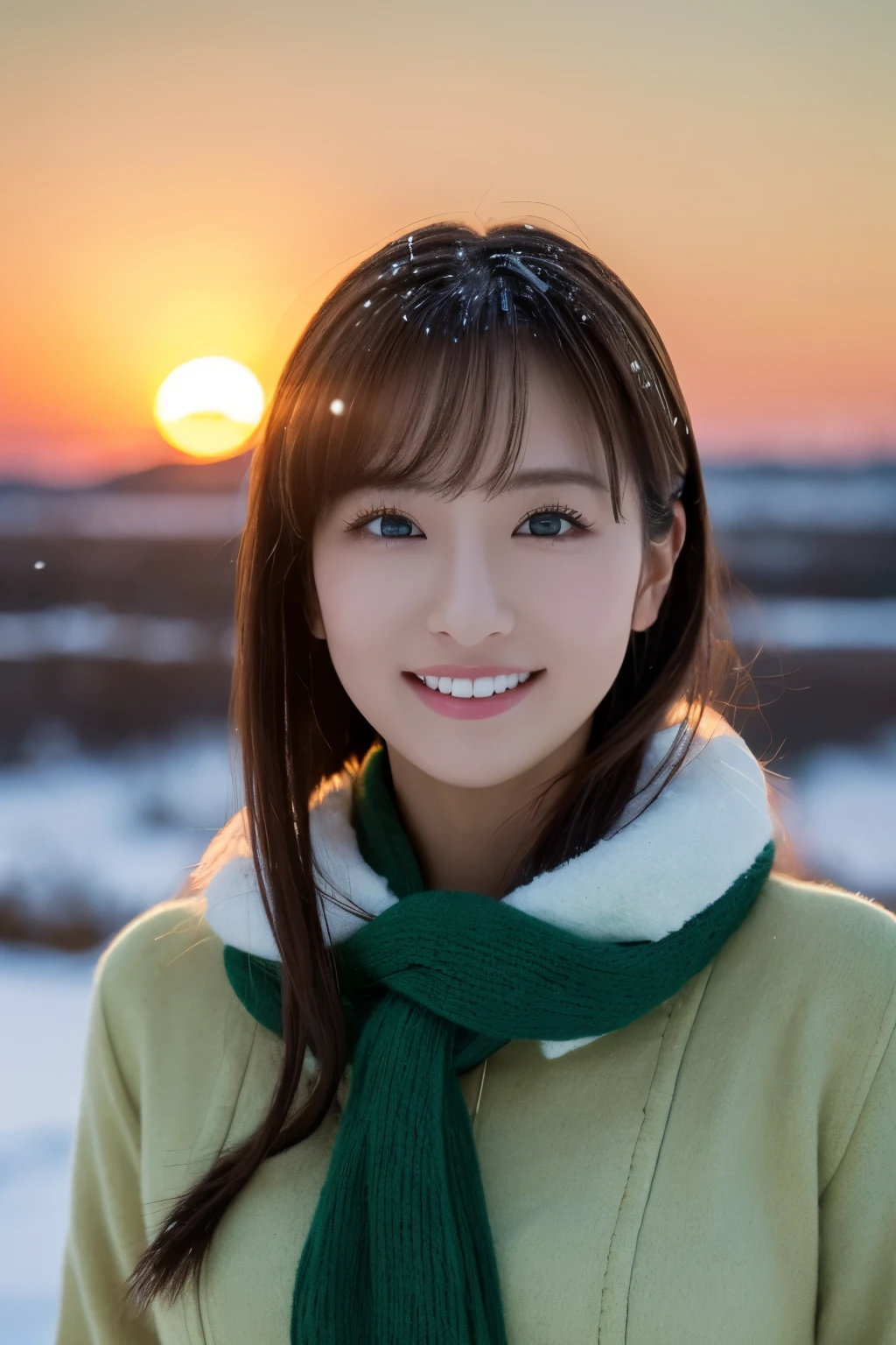 1girl in, (Green muffler:1.4), Very beautiful Japan actress,
(Raw photo, Best Quality), (Realistic, Photorealsitic:1.4), masutepiece, 
Extremely delicate and beautiful, Extremely detailed, 2k wallpaper, amazing, 
finely detail, the Extremely Detailed CG Unity 8K Wallpapers, Ultra-detailed, hight resolution, Soft light, 
Beautiful detailed girl, extremely detailed eye and face, beautiful detailed nose, Beautiful detailed eyes, Cinematic lighting, 
Suitable for winter, Lapland snow field, (Sun setting on the horizon:1.4), 
The bright red sunset colors the snowy field., diamond dust shine, (There&#39;There&#39;There&#39;s snow on top:1.Elfect Anatomy, Slender body, Small, Smiling