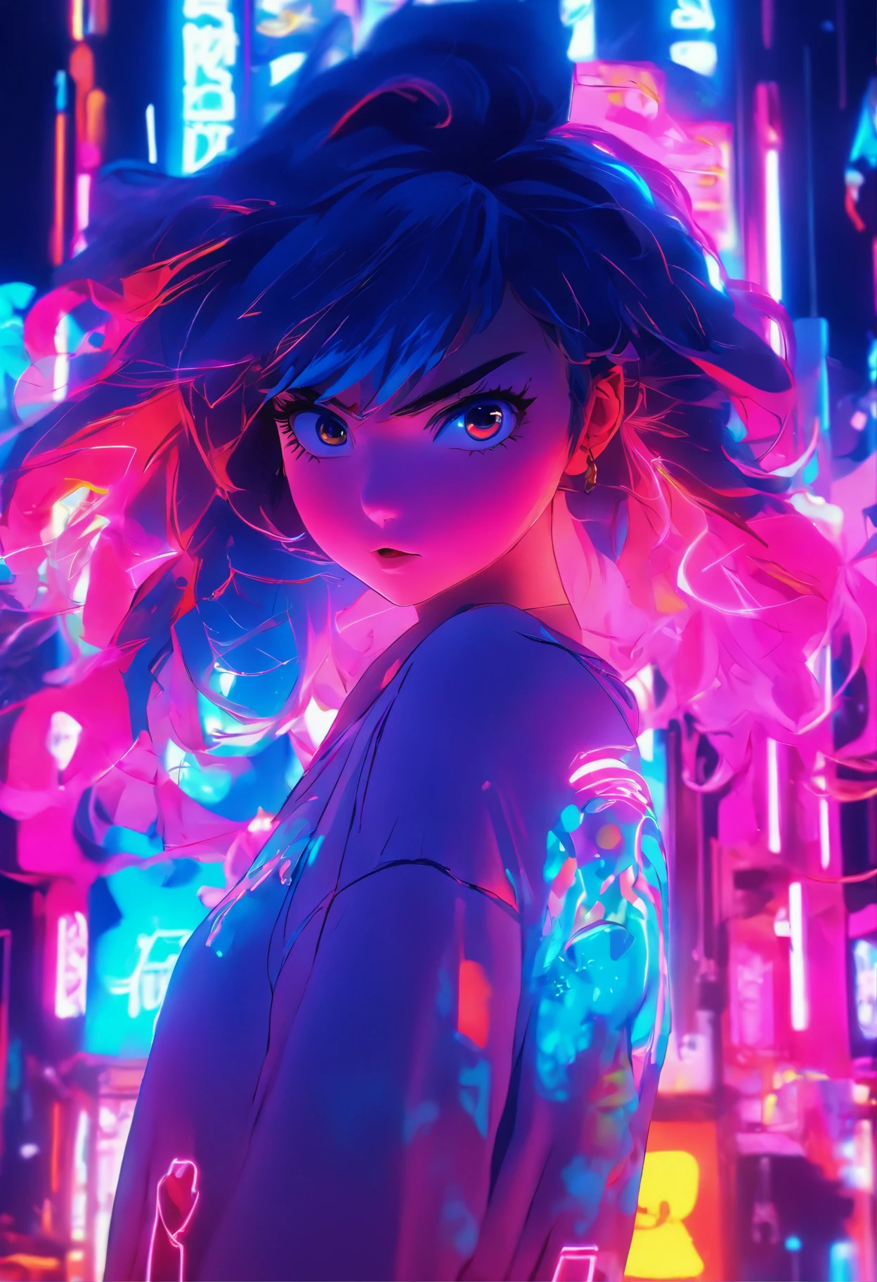 girl 21 years old, pelo largo,Neon lights, cinematography lighting, tendencias en Artstation.
