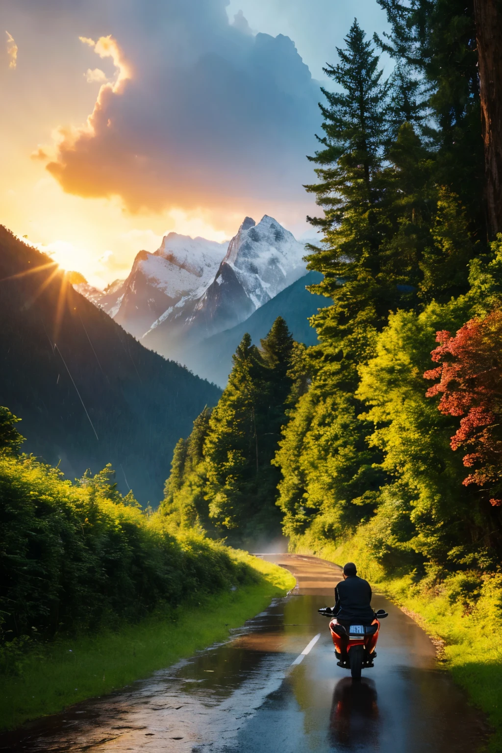 ((best quality)), ((masterpiece)), (detailed), (dense thick forest), sun set, animals, butterflies, (rainy), flowers, long lenses, fresh air, vibrant , realistic, mountains, narrow soil path ways, bike wash, motor cycle back side focus