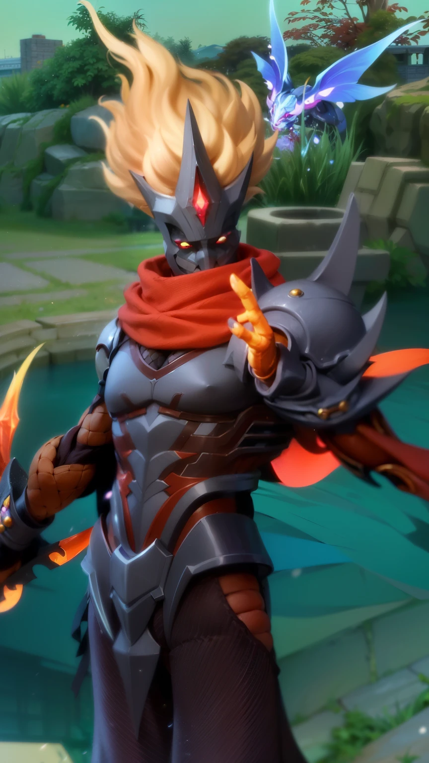masculine male, masterpiece, ((perfect eyeest quality, (semirealism:1.9), beautiful lighting, (extremely detailed CG unity 4k fhd wallpaper), High Detail, Sharp focus, dramatic outdoors, 1 boy ,19 years old, brown hair, light red eyes, close-up of a person wearing a gold costume with a spear, inspired by Alpha Crimson Warrior, mobile legends splash art, fuchsia skin under armor, official splash art, shaco from mobile legends, mobile legends style, splash art, mobile legends splash art legend, iconic character splash art.