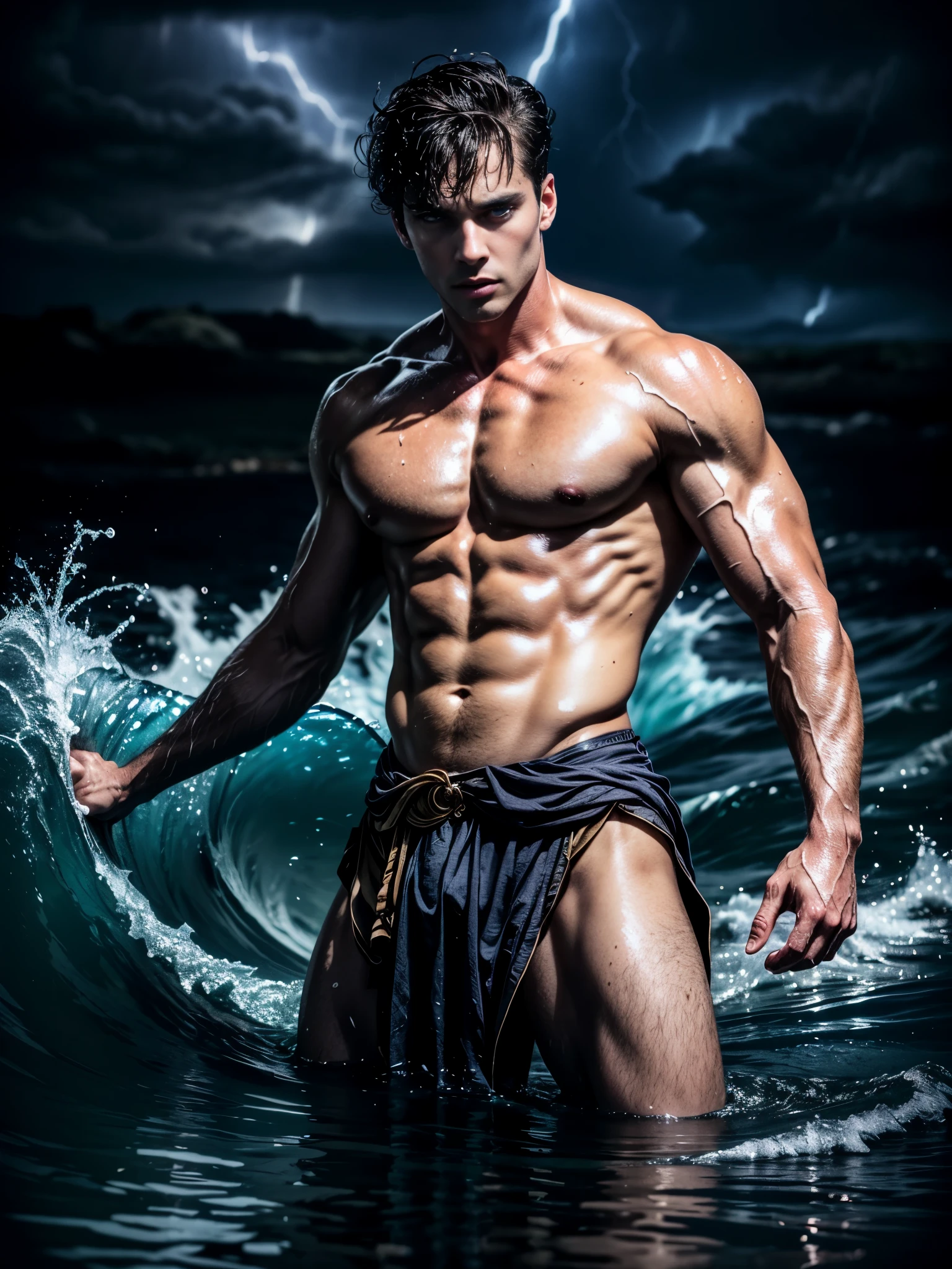 ((masterpiece)),((best quality)),8k, high detailed, ultra-detailed, Stylish Pose, real skin texture, dark cinematic lighting, 18-year-old italian male model, handsome, cute looking, divine look, powerful light blue eyes, Poseidon god, god of the seas, Neptune, godly, hydrokinesis, (bending water:1.5), displaying the ability to manipulate water, creating massive waves and bend water, white pale skin, roman god physic, intense, blue eyes, dry hair, dry short brown messy hair, strong jawline, masculine, muscular, defined fit body, hairless chest, shirtless, pantless, (open sea:1.7), sinister aesthetic, black storm clouds, lightning clouds, deep blue ocean waves, (night dark storm:1.6), barelegged, barefoot, antique cloth, antique linen spartan skirt, white linen antique draped cloth skirt,,,,, dim light, dark atmosphere, cinematic lighting, Depth of field, award-winning photography, elegant, hyperrealistic, octane render, unreal, high definition, 8k resolution, highly detailed, 8k uhd, professional lighting, photon mapping, radiosity, physically-based rendering