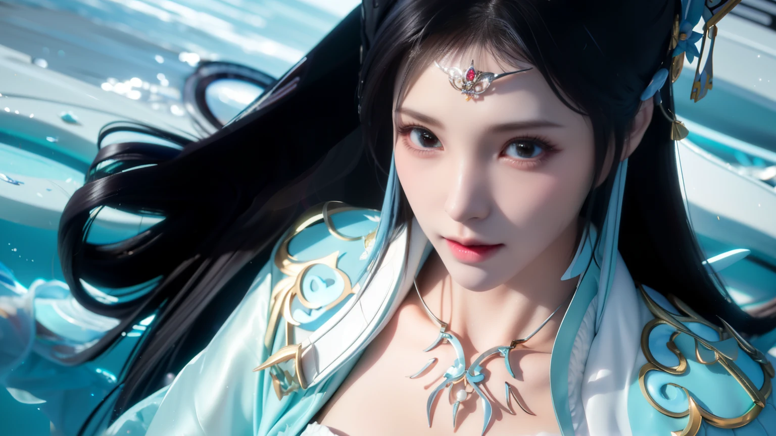 a close up of a woman with long hair , a beautiful fantasy empress, by Yang J, by Qu Leilei, heise jinyao, yun ling, by Fan Qi, by Leng Mei, by Chen Lin, xianxia fantasy, by Zhou Fang, beautiful character painting, ((a beautiful fantasy empress)), inspired by Li Mei-shu ((Best Quality)), ((Masterpiece)), (Detail: 1.4), 3D, A Beautiful Cyberpunk Woman, HDR (High Dynamic Range), Ray Tracing, NVIDIA RTX, Super-Resolution, Unreal 5, Subsurface Scattering, PBR Textures, Post-Processing, Anisotropic Filtering, Depth of Field, Maximum Clarity and Sharpness, Multi-layer Textures, Albedo and Highlight Maps, Surface Shading, Accurate simulation of light-material interactions, perfect proportions, Octane Render, two-color light, large aperture, low ISO, white balance, rule of thirds, 8K RAW,
