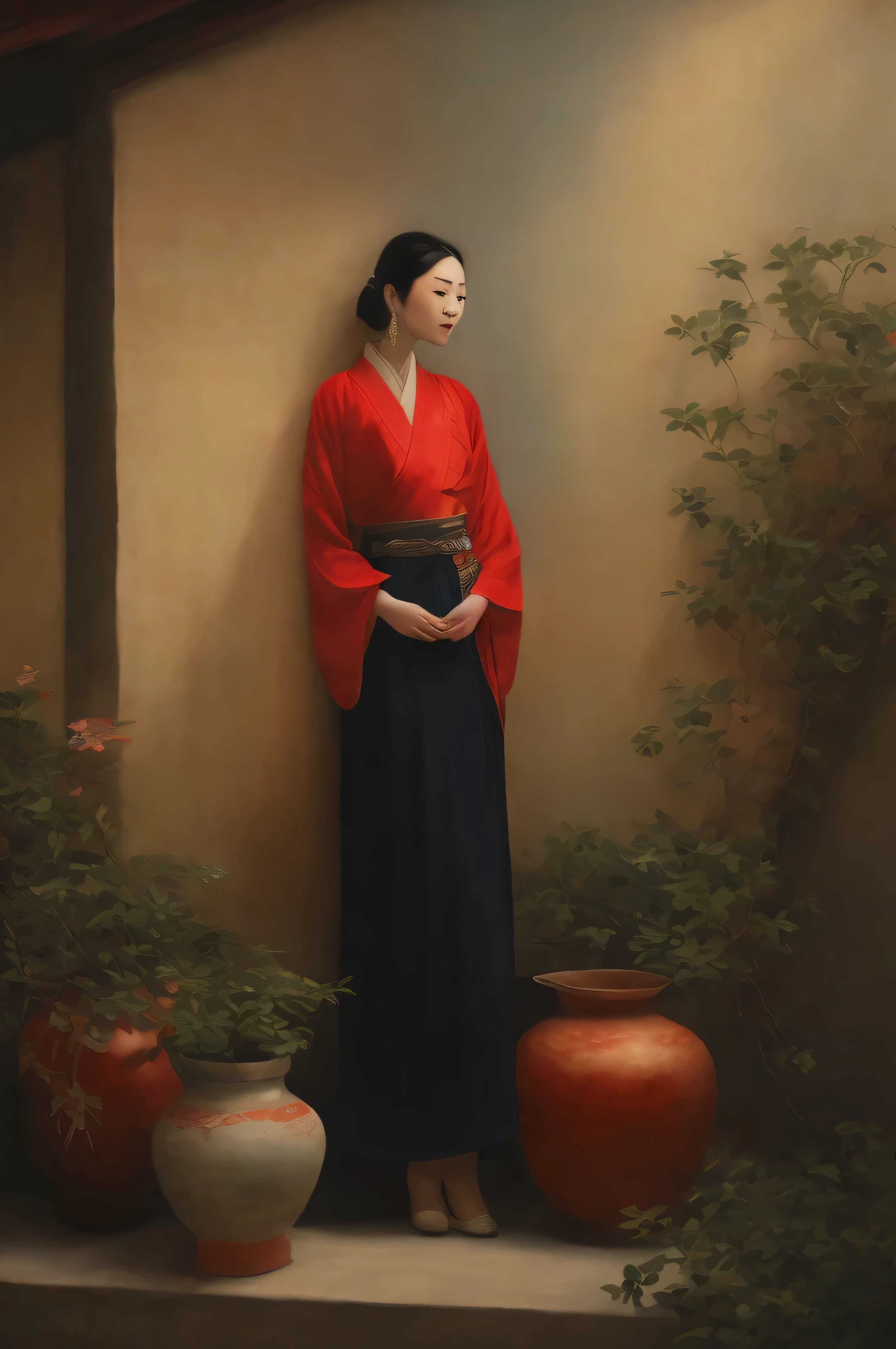 painting of a woman in a red kimono standing in front of a wall, range murata jeremy lipking, jeremy lipking full length shot, inspired by Liu Jun, by Zhang Yin, by Shen Quan, by Li Shixing, by An Zhengwen, portrait of mulan, inspired by Lin Liang, inspired by Liu Jue