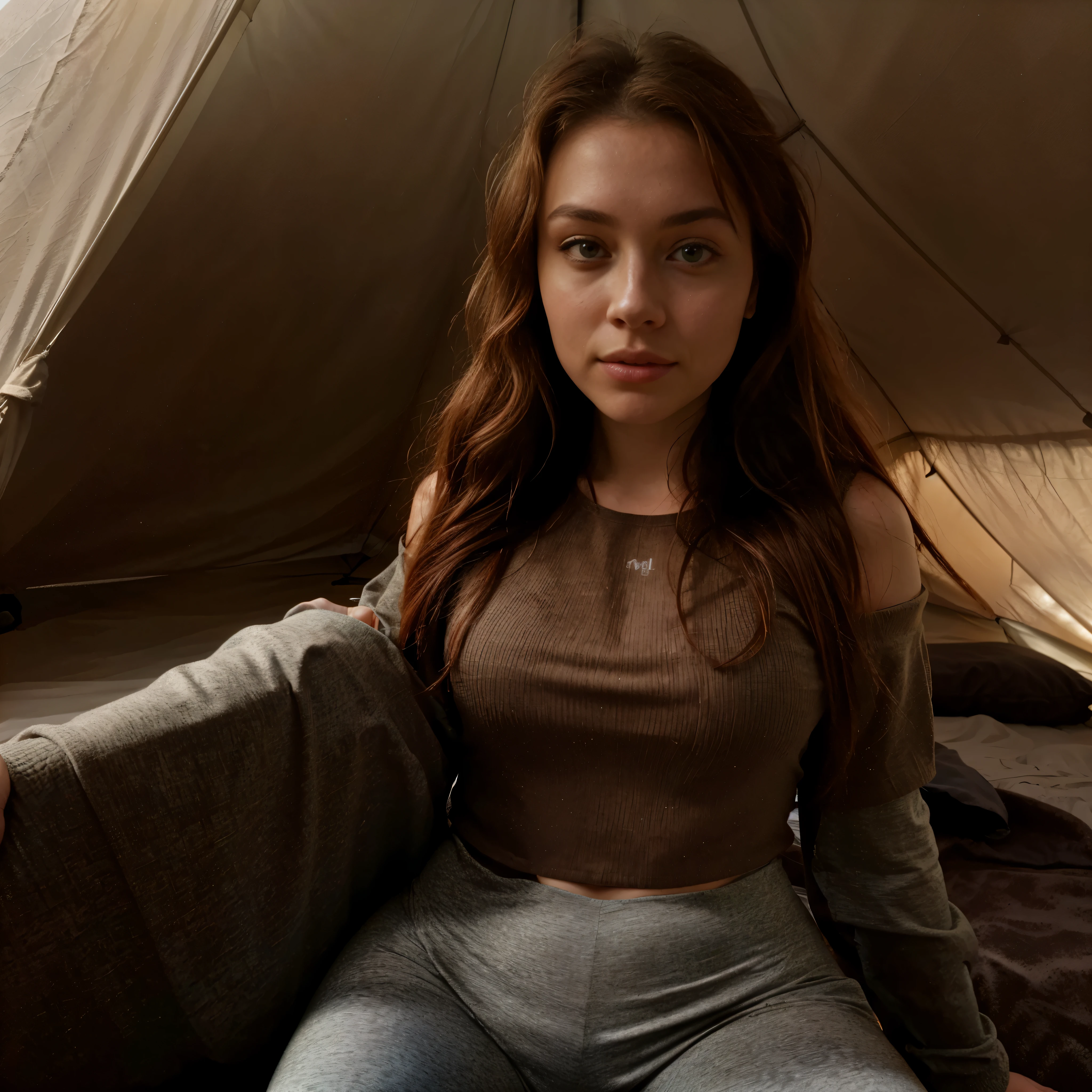 arafed woman fully ,  with green eyes, ultra realistic, meticulously detailed, portrait sophie mudd, red hair and large eyes, selfie of a young woman, bedroom eyes, violet myers, without makeup, natural makeup, looking directly at the camera, face with artgram, subtle makeup,, medium to large size bust, sports bra and leggings1 woman, American, beautiful, ((upper body selfie, happy)), Filming in a tent, Beautiful backlight, Tent Open Sign,Masterpiece, Best Quality, Ultra-detailed, Solo, exteriors, (natta), mountains, Nature, (sao, the moon) cheerful, happy,, Cosy in a sleeping bag, Inside the tent, When you open the tent, You can see some nice horsemen outside.., woods, rock formations, rivers, wood, smoke, shadowy, contrast, clear skies, analog style (looking up at viewer:1.2) (skin texture) (film grain:1.3), (warm hue, warm tone:1.2), close-up, brightness light, Sidelighting, The ultra-Highres, best shadows, ..raw, upper half body, wearing pullover, Relaxed and intimate photos, bright photography, alone