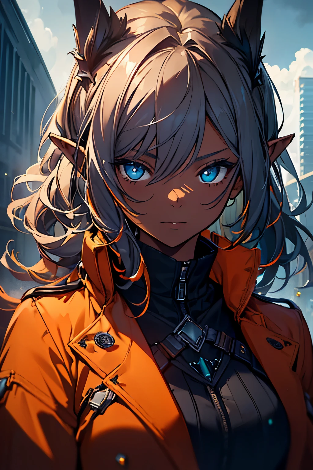 masterpiece, best quality, ((girl)), (colorful),(finely detailed beautiful eyes and detailed face),cinematic lighting,extremely detailed CG unity 8k wallpaper, sky, cloudy_sky, building, (dark theme:1.3), light, fantasy, Elf Ears, Black hair and blue eyes, ((Orange overcoat)) 16 Years, Dark Skin, Torso and face