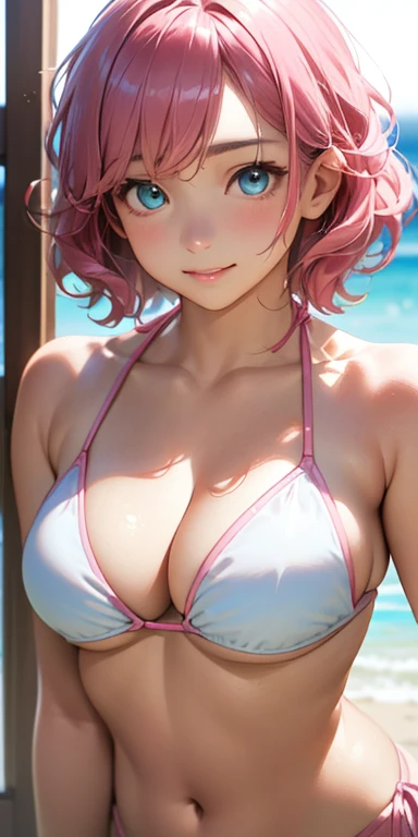 , (pink short wavy hair:1.5,messy hair:1.5), (photorealistic:1.8), (masterpiece, sidelights, exquisite beautiful eyes: 1.5), masterpieceportrait, realistic, 3D face,(cute face),front view: 1.6、 (glowing blue eyes:1.2),plump face:1.5,(tareme:1.5)、(seductive smile:1.2),Rosy Mouth,Slim Body,abs, shiny hair, shiny skin: 1.5、medium breasts,cleavage、solo,(stand)、(white bikini)、(charactor focus:1.5、portlate:1.5、upper body),beach,