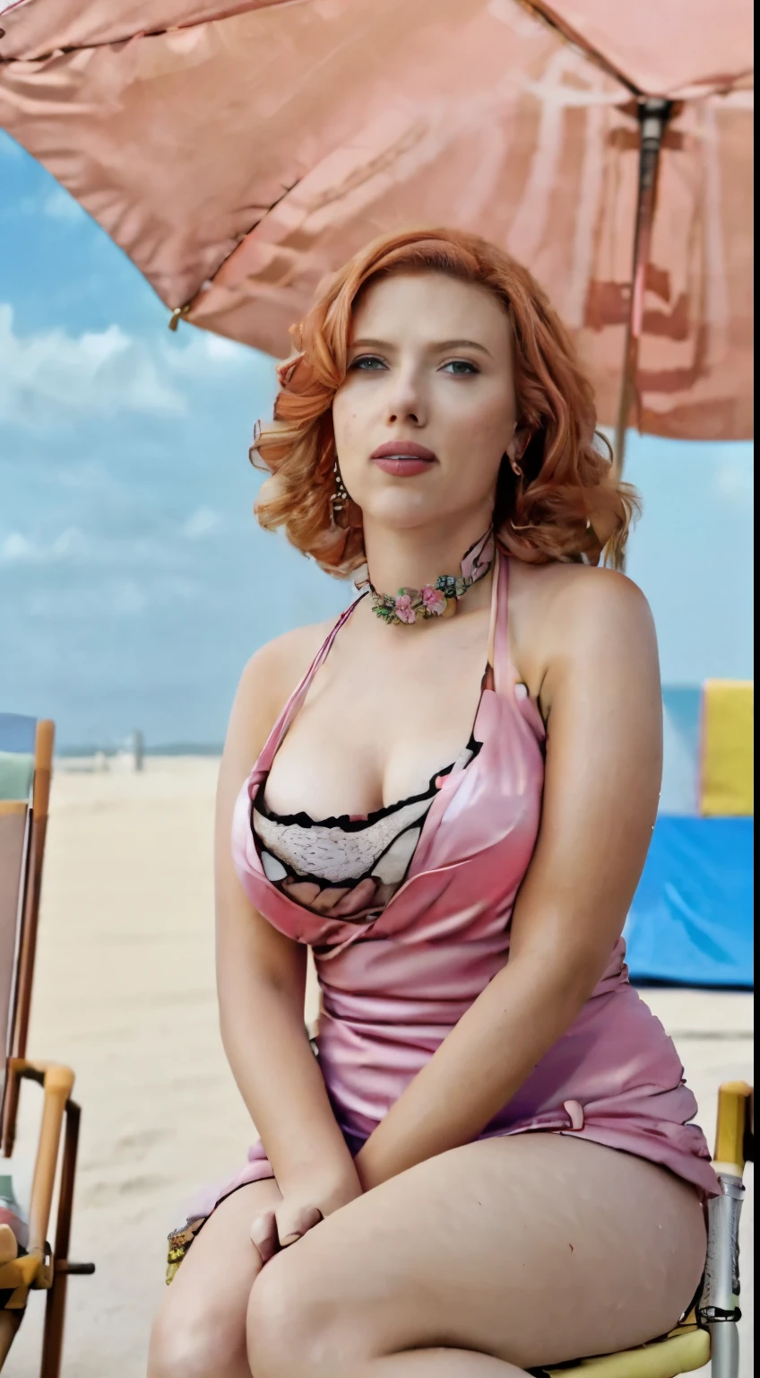 (scarlett johansson ,with ginger hair and blue eyes), (realistic:1.5), (nsfw), ((wearing a pink:1.2 summer dress, flower pattern)), (masterpiece), (specular lighting:1.3), (hyperrealistic:1.2), (photorealistic face:1.2), (perfect face), (perfect eyeest quality), (8k), (4k), sharp focus, octane render, best quality, extremely detailed, intricate, fantasy, soft lighting, ( hanging breasts), (skindentation:1.3), (chubby:1.4), (voluptuous:1.4), thick eyelashes, long eyelashes, (wearing choker), smile, blushing, earrings, ((afternoon:1.5)), (sand, palm trees, beach umbrellas, beach chairs, crowd, beach:1.3), comfy, cosy, looking at viewer, detailed skin