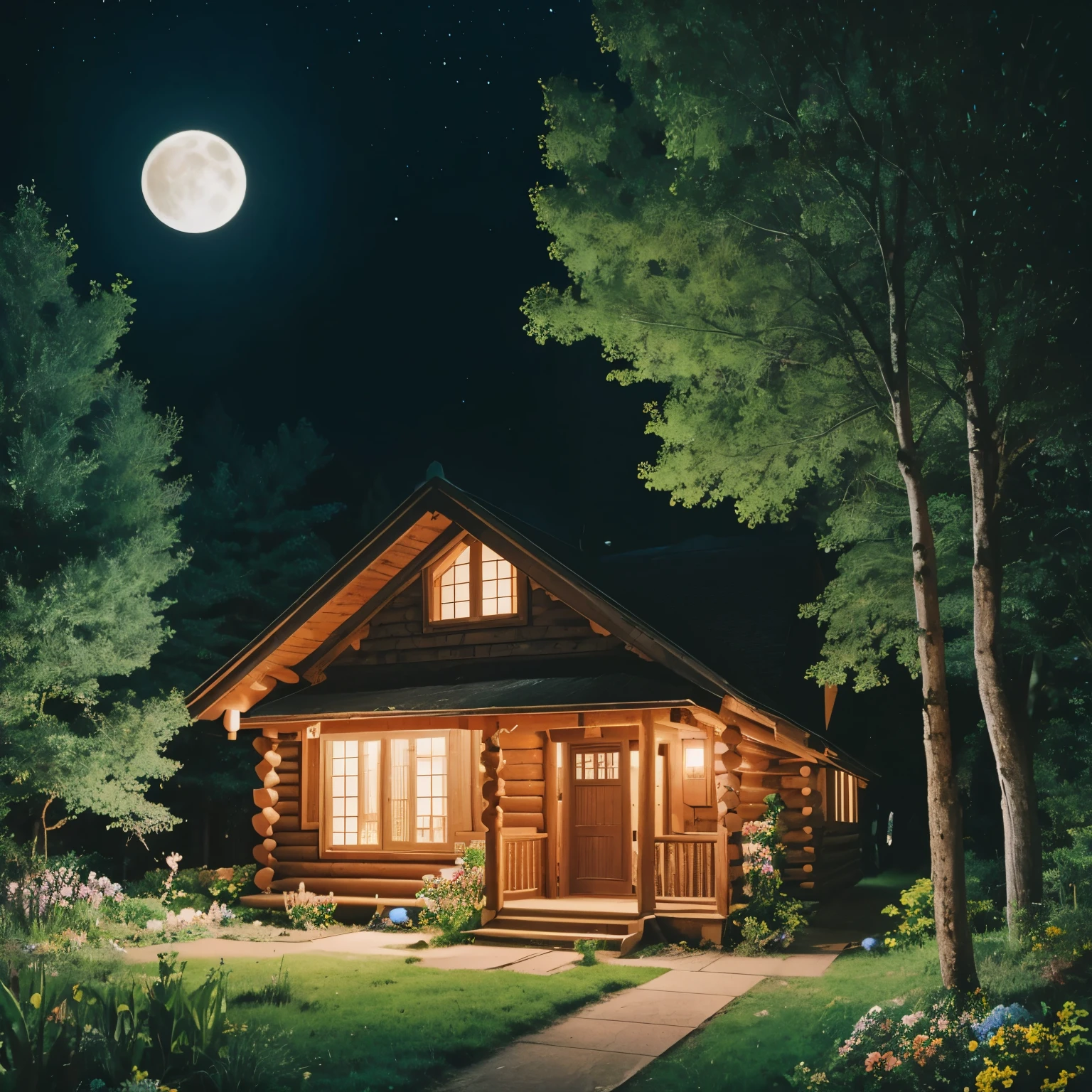 a cabin in the forest，There are many flowers and plants planted outside the house and a small table is placed，At this time, it is night. A full moon hangs in the sky and is dotted with stars.