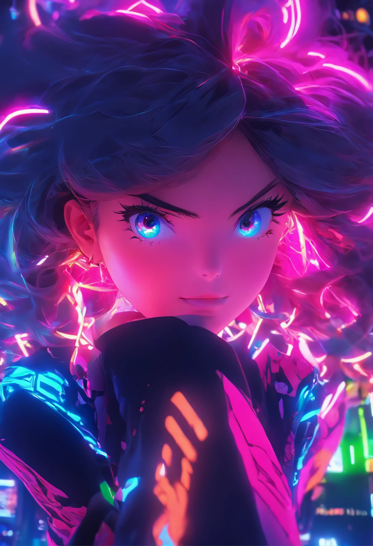 girl 21 years old, pelo largo,Neon lights, cinematography lighting, tendencias en Artstation.