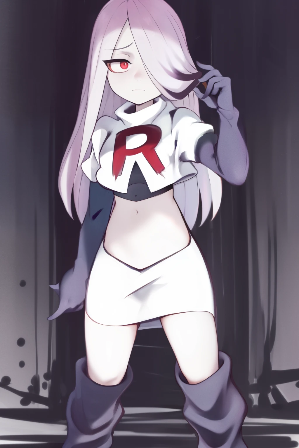 sucy, (sucy manbavaran:1.3), cowboy shot 1girl, (blank expression:1.2), (expressionless:1.2), makeup, hair over one eye, half-closed eyes, long hair, light purple hair, red eyes, pale skin, (standing cowboy shot:1.2), team rocket,team rocket uniform, red letter R, white skirt,white crop top,black thigh-high boots,black elbow gloves,