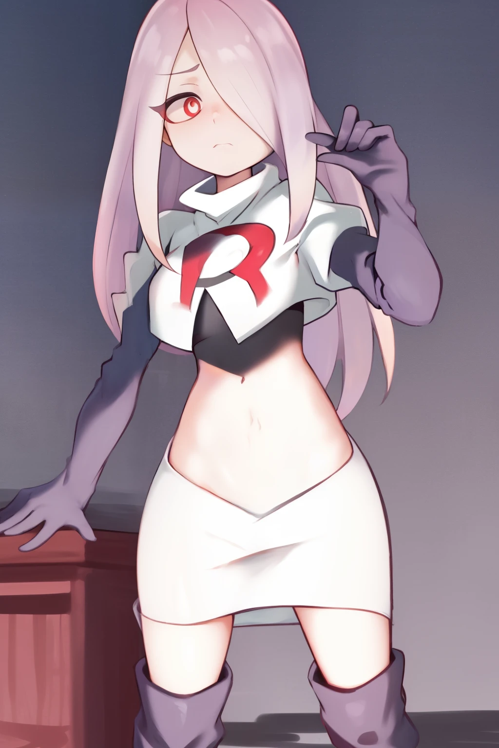 sucy, (sucy manbavaran:1.3), cowboy shot 1girl, (blank expression:1.2), (expressionless:1.2), makeup, hair over one eye, half-closed eyes, long hair, light purple hair, red eyes, pale skin, (standing cowboy shot:1.2), team rocket,team rocket uniform, red letter R, white skirt,white crop top,black thigh-high boots,black elbow gloves,