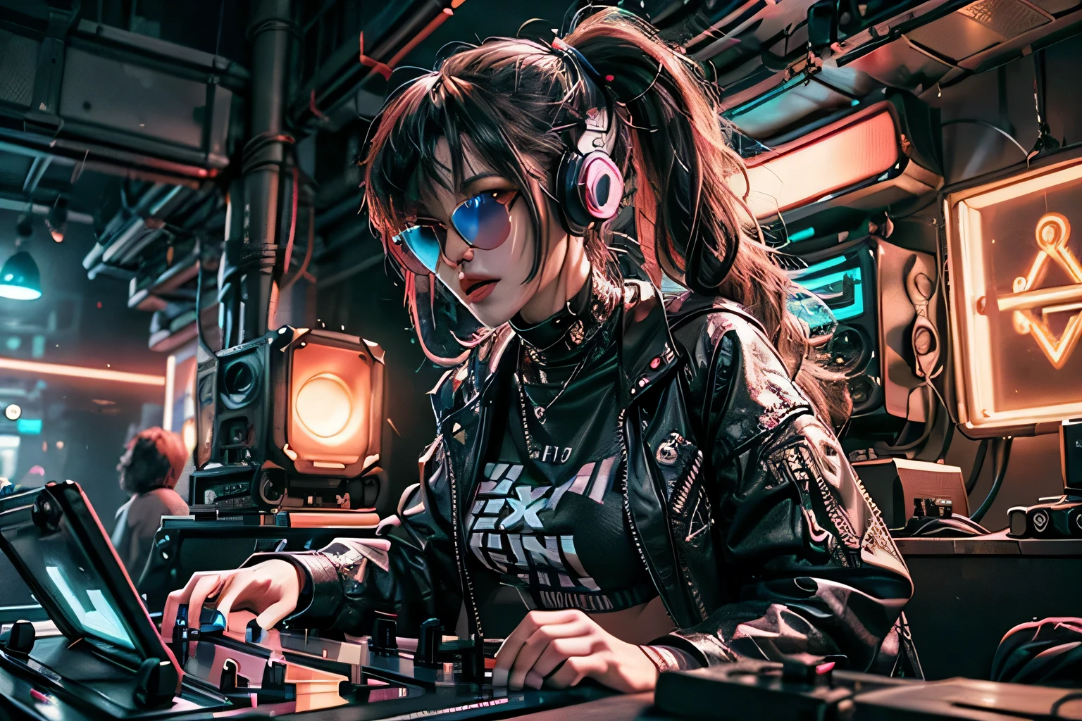 "Cyberpunk DJ girl with cool head set,front view ,cool open jacket and crop top shirt, rocking sun glasses, two big LED glowing loudspeakers on each side, immersed in a neon-lit environment, vinyl record on turntable with music mixer and turntable in front of her, exuding an electrifying disco vibe in a futuristic night club."