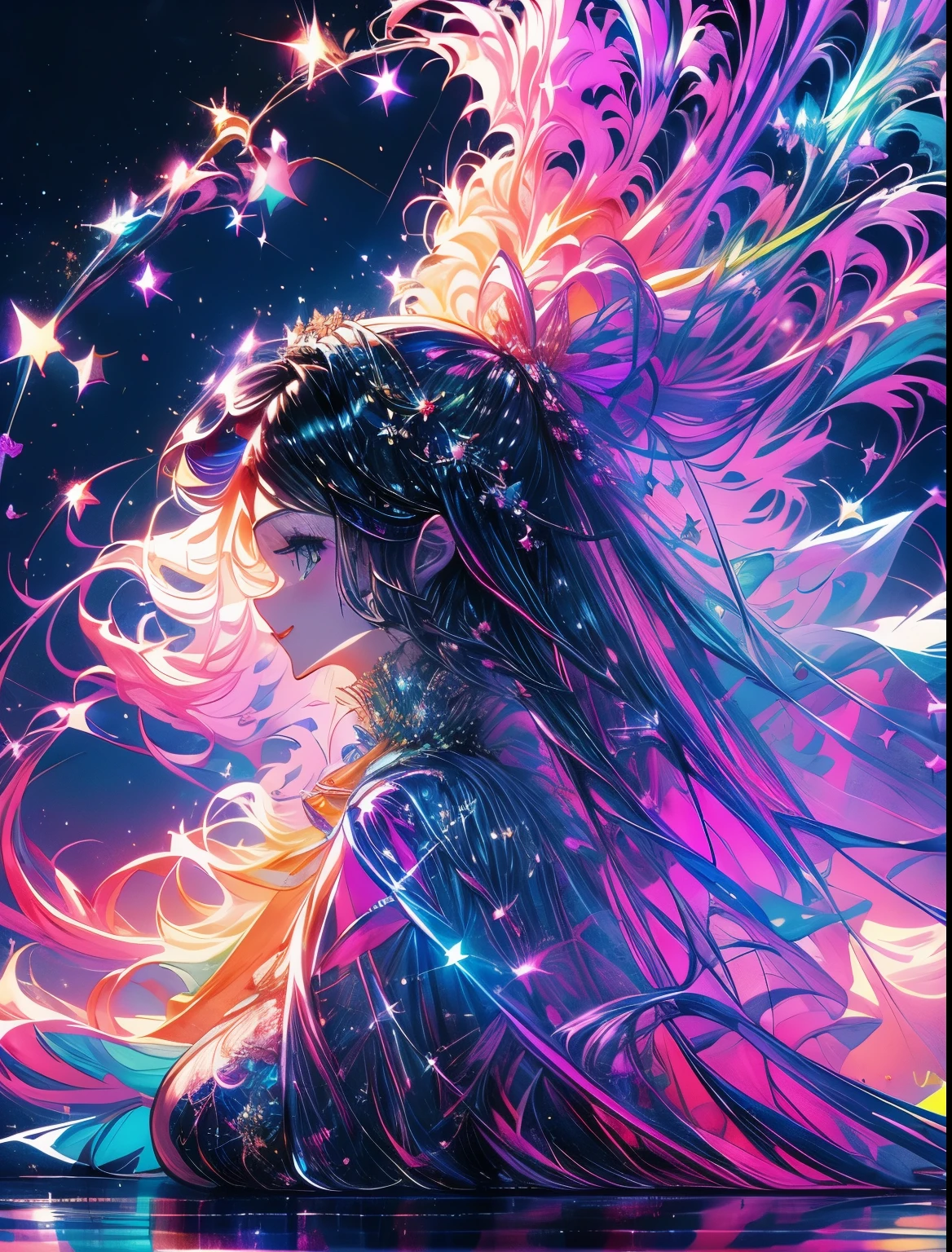 Colorido Museo Metropolitano de Arte、Picture of river with stars and moon in the rainbow sky、El Met、Rascacielos resplandecientes、Shines in all areas、Rascacielos、Arte conceptual inspirado en Mitsuoki Tosa、Ganadores del concurso PIXIV、highest qualityr、Fantasyart、Hermosa escena de anime、Luna brillante、Entorno estelar iluminado por la luna、Dream painting、Arte de fondo del anime、Fantasy Landscape Art、fantasy knight、fondo de animearte del fondo、Fantasyart、atmospheric anime、Starrysky、Se han mejorado los detalles。