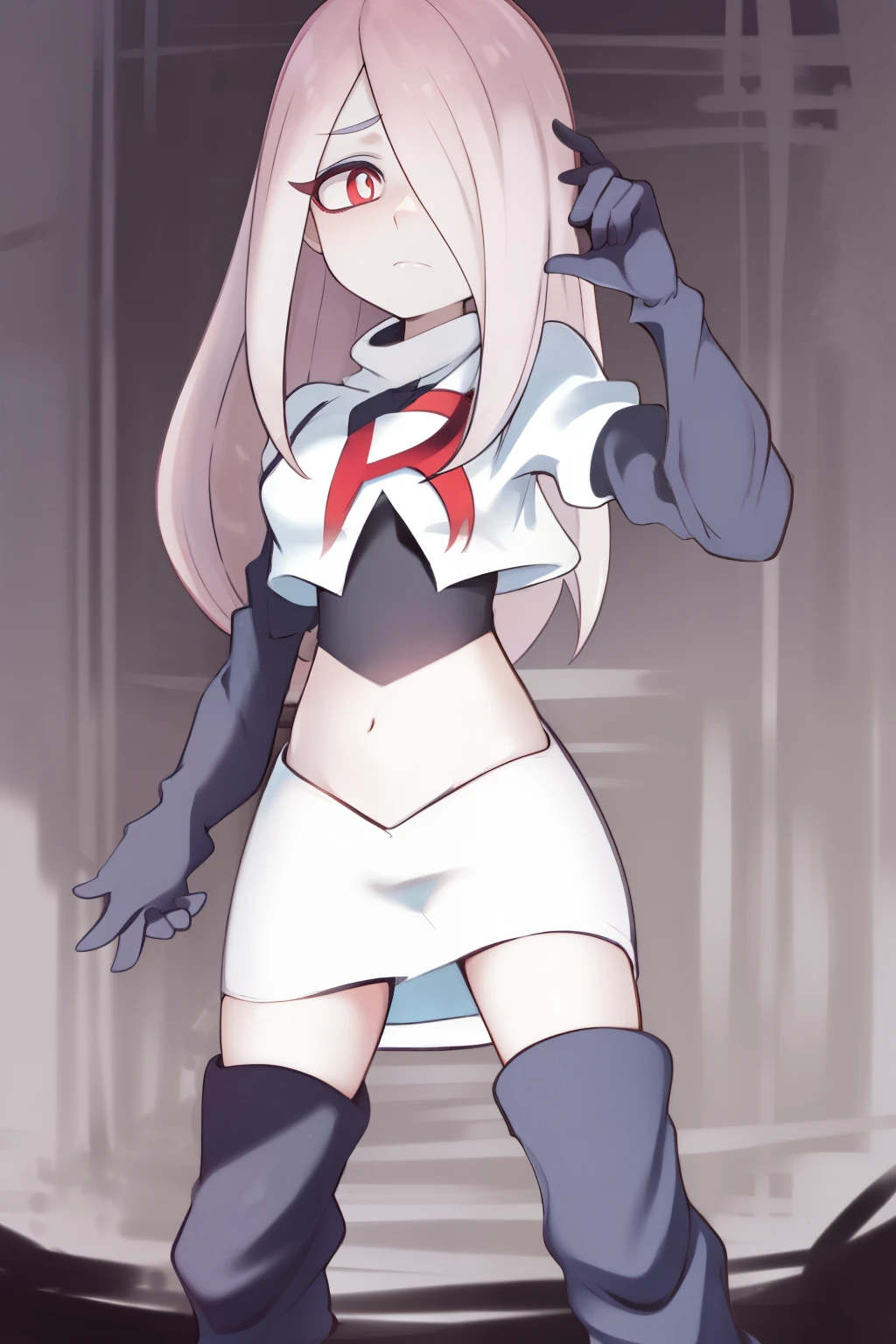 sucy, (sucy manbavaran:1.3), cowboy shot 1girl, (blank expression:1.2), (expressionless:1.2), makeup, hair over one eye, half-closed eyes, long hair, light purple hair, red eyes, pale skin, (standing cowboy shot:1.2), team rocket,team rocket uniform, red letter R, white skirt,white crop top,black thigh-high boots,black elbow gloves,