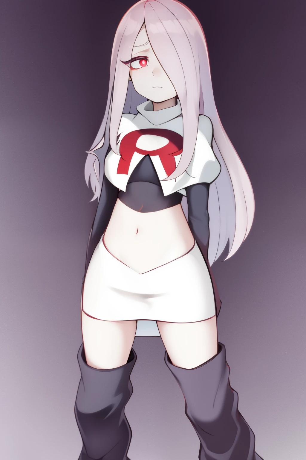 sucy, (sucy manbavaran:1.3), cowboy shot 1girl, (blank expression:1.2), (expressionless:1.2), makeup, hair over one eye, half-closed eyes, long hair, light purple hair, red eyes, pale skin, (standing cowboy shot:1.2), team rocket,team rocket uniform, red letter R, white skirt,white crop top,black thigh-high boots,black elbow gloves,