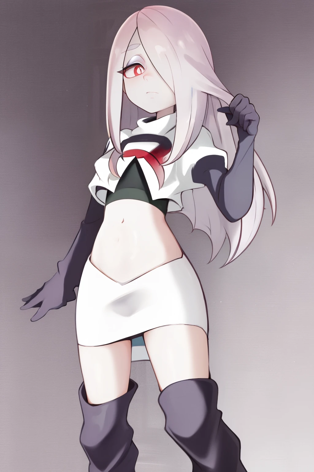 sucy, (sucy manbavaran:1.3), cowboy shot 1girl, (blank expression:1.2), (expressionless:1.2), makeup, hair over one eye, half-closed eyes, long hair, light purple hair, red eyes, pale skin, (standing cowboy shot:1.2), team rocket,team rocket uniform, red letter R, white skirt,white crop top,black thigh-high boots,black elbow gloves,