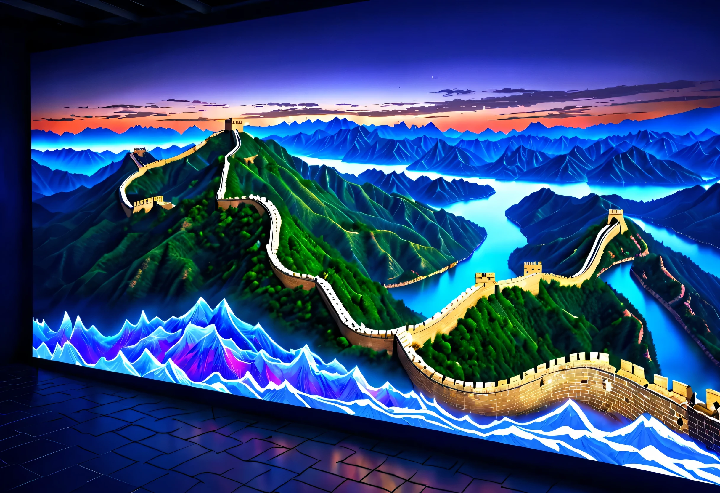 (Holographic projection of the Great Wall, thousands of miles of rivers and mountains: 1.2), Projection screen, (a happy new year: 1.3),high - tech,photography illustration,古画high - tech
