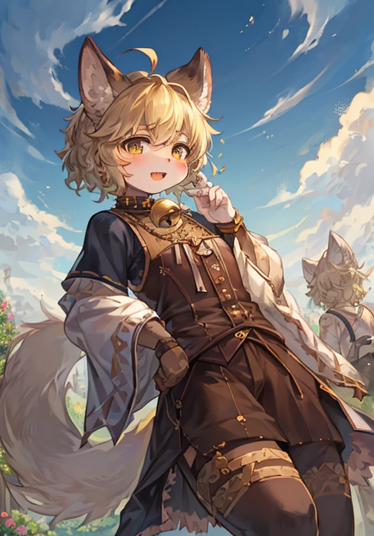 spheres,trpical garden,Adhesive bandage,short detailed hair,blond hairbl,ahoge,Bell,Earphone,lowerbody,Gamine,hairy pubic,Wolf ears,with her mouth open,Expose the teeth on both sides,clouds,daysies,daysies空,在夏daysies,No spots,Cubs,There is hair everywhere,There's fur everywhere,Wolf ears,Wolf type,Big fluffy tail,tmasterpiece,High-quality portraits,human - shaped,Cubs,sbeard,Solitary child boy,ventania,posing on a,Sell moe,full-shot,围巾,Super cute face,hairy pubic爪子