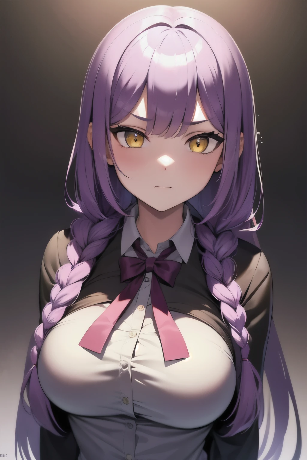 masterpiece, 1girl, best quality, expressive eyes, perfect face, violet hair, long hair, dice bangs, (single left side braid), yellow eyes, school uniform, medium breasts, angry, expressionless,