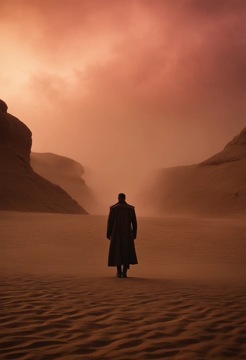 Blade Runner 2049, MEN wear long coat, standing in front of big Pinky sand storm, view from back perspective, cinematic, high detailed, high resolution