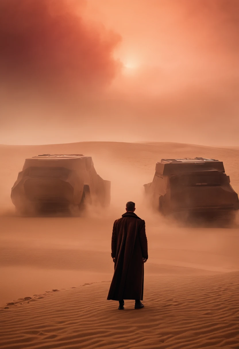 Blade Runner 2049, MEN wear long coat, standing in front of big Pinky sand storm, view from back perspective, cinematic, high detailed, high resolution