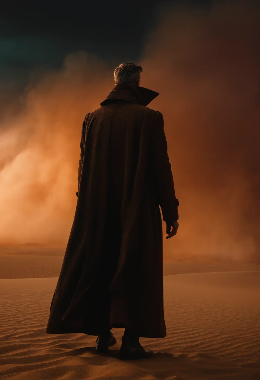 Blade Runner 2049, MEN wear long coat, standing in front of big Pinky sand storm, view from back perspective, cinematic, high detailed, high resolution