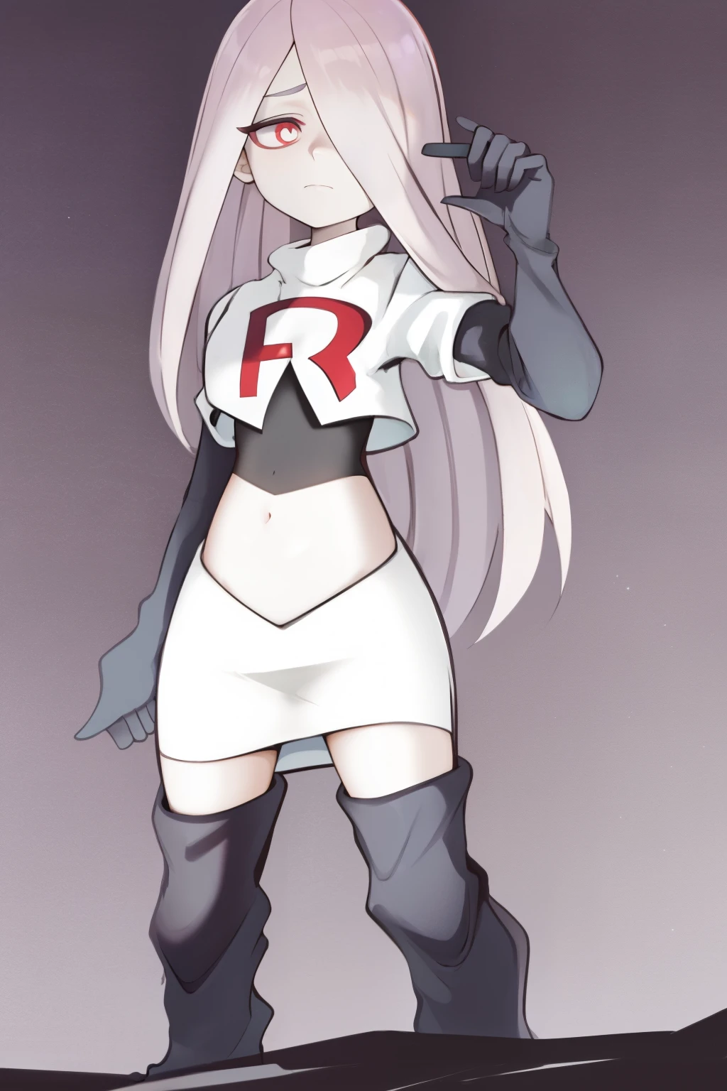 sucy, (sucy manbavaran:1.3), cowboy shot 1girl, (blank expression:1.2), (expressionless:1.2), makeup, hair over one eye, half-closed eyes, long hair, light purple hair, red eyes, pale skin, (standing cowboy shot:1.2), team rocket,team rocket uniform, red letter R, white skirt,white crop top,black thigh-high boots,black elbow gloves,