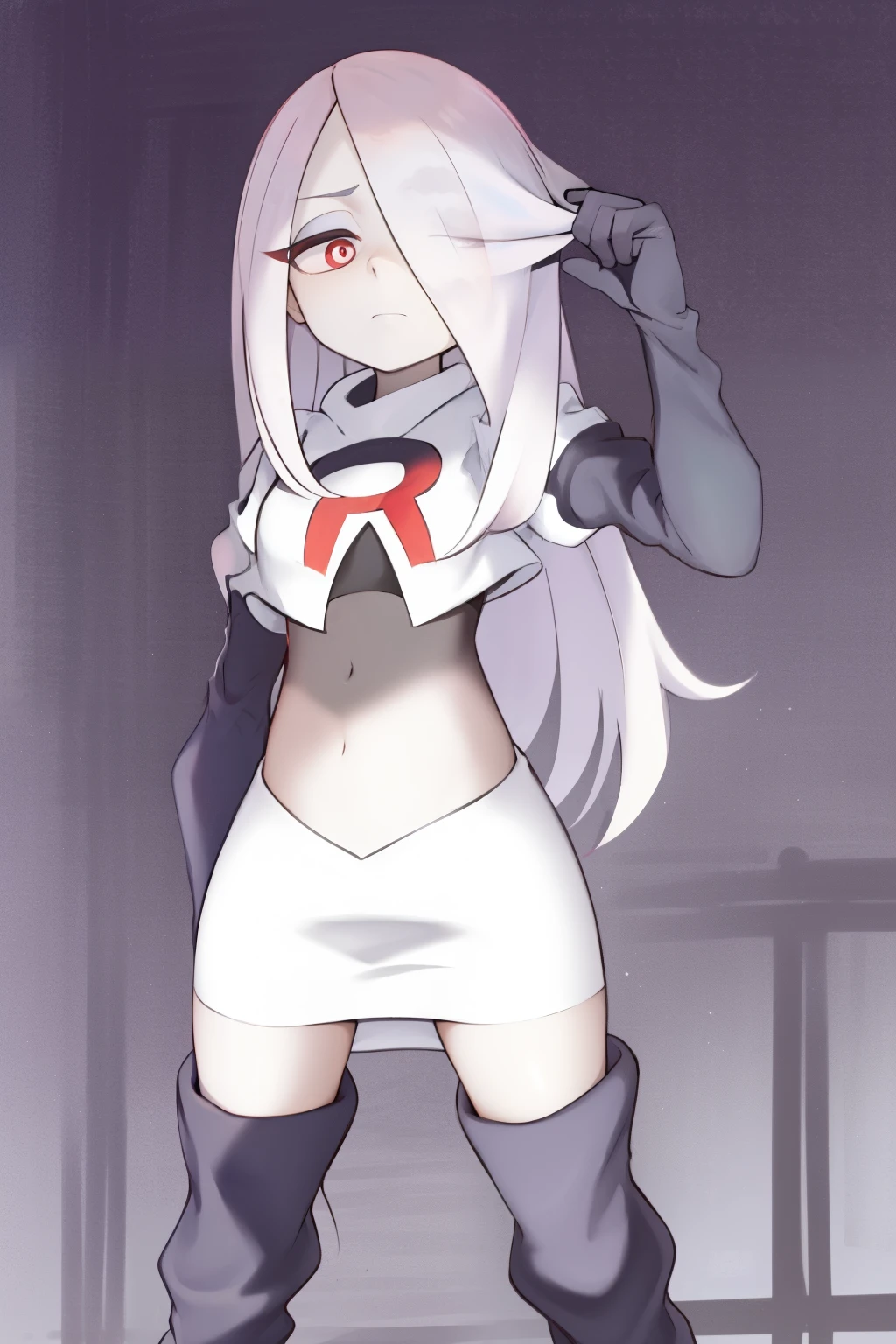 sucy, (sucy manbavaran:1.3), cowboy shot 1girl, (blank expression:1.2), (expressionless:1.2), makeup, hair over one eye, half-closed eyes, long hair, light purple hair, red eyes, pale skin, (standing cowboy shot:1.2), team rocket,team rocket uniform, red letter R, white skirt,white crop top,black thigh-high boots,black elbow gloves,