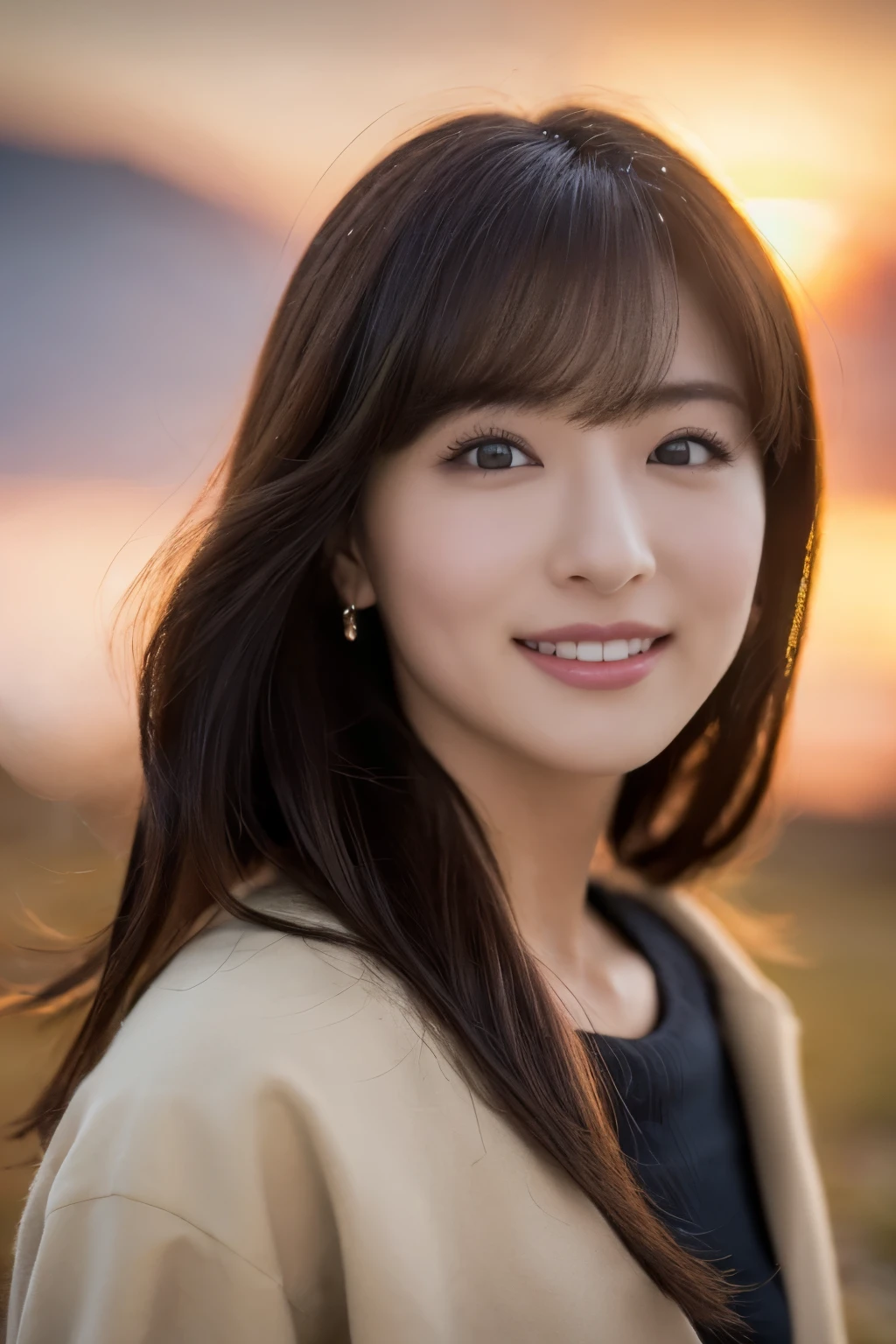 1girl in, (Beige coat, Green muffler:1.2), very beautiful japanese actress,
(Raw photo, Best Quality), (Realistic, Photorealsitic:1.4), masutepiece, 
Extremely delicate and beautiful, Extremely detailed, 2k wallpaper, amazing, 
finely detail, the Extremely Detailed CG Unity 8K Wallpapers, Ultra-detailed, hight resolution, Soft light, 
Beautiful detailed girl, extremely detailed eye and face, beautiful detailed nose, Beautiful detailed eyes, Cinematic lighting, 
Suitable for winter, Lapland snow field, (Sun setting on the horizon:1.4), 
The bright red sunset colors the snowy field., diamond dust shine, 
(Snow pils up on the hair:1.Elfect Anatomy, Slender body, Small, Smiling,
Pan Focus