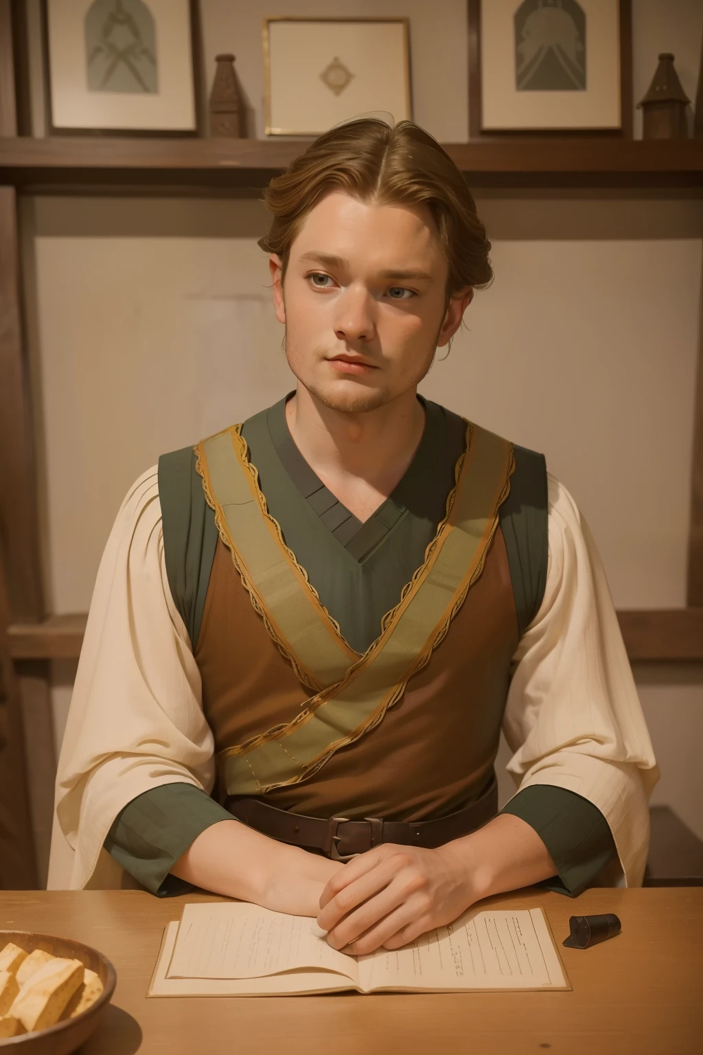 1152, Kingsbridge, England. Otherworldly scene in a medieval tabern, ((((31-year-old)) Levi Miller)), plotting a rebelion, ((smug expression)), ((((plain tunic from the 12th century)))), ((Hairstyle of the 12th century)), ((Wes Anderson cinematic style)), colorful