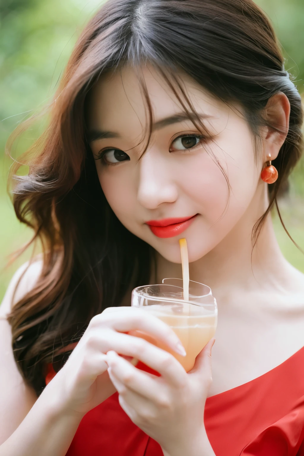The sun made her cheeks turn red,Lips are hydrated,With a bit of coquettishness,Crushed into pieces, it’s a bit charming。