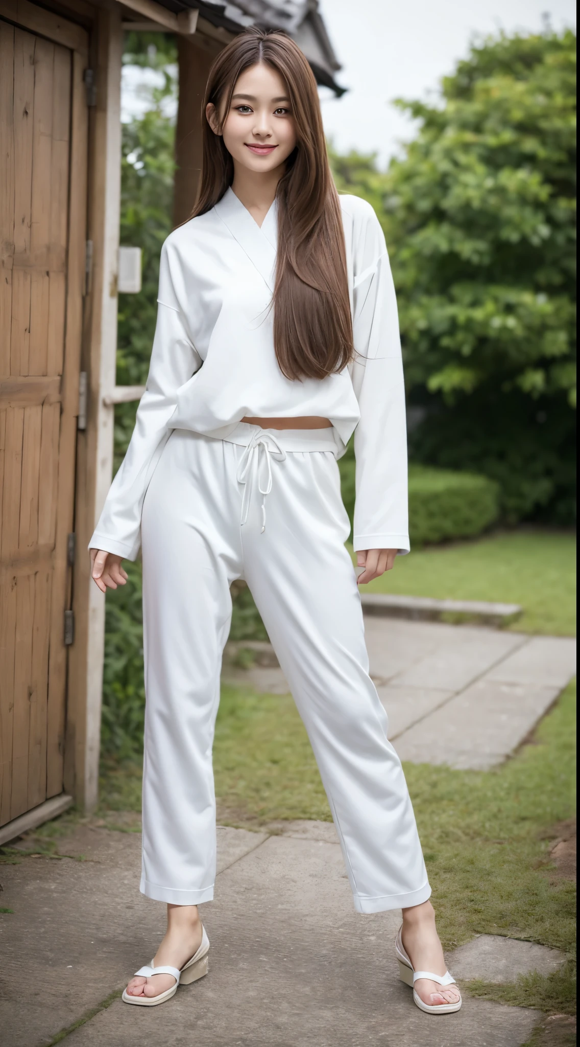 (Photorealsitic)(sixteen years old), Pretty Woman, (Full body 8K portrait), 1 girl in, White Karate Uniform, White karate pants, Stand alone, Correct skeleton, Large and dynamic hand and foot movements, Stick out your fist, Make a high side kick, Perfect facial detail, (Smile: 1.15), attractive beautiful face, gazing at viewer, a small face, 二重まぶた, Beautiful detailed eyes, long eyeslashes, ligh brown hair, bobhair,style hairstyle, Toned waist, Beautiful thin legs, toned ankles, bare-legged ,TOKYOcty, Green in the background, no nsfw