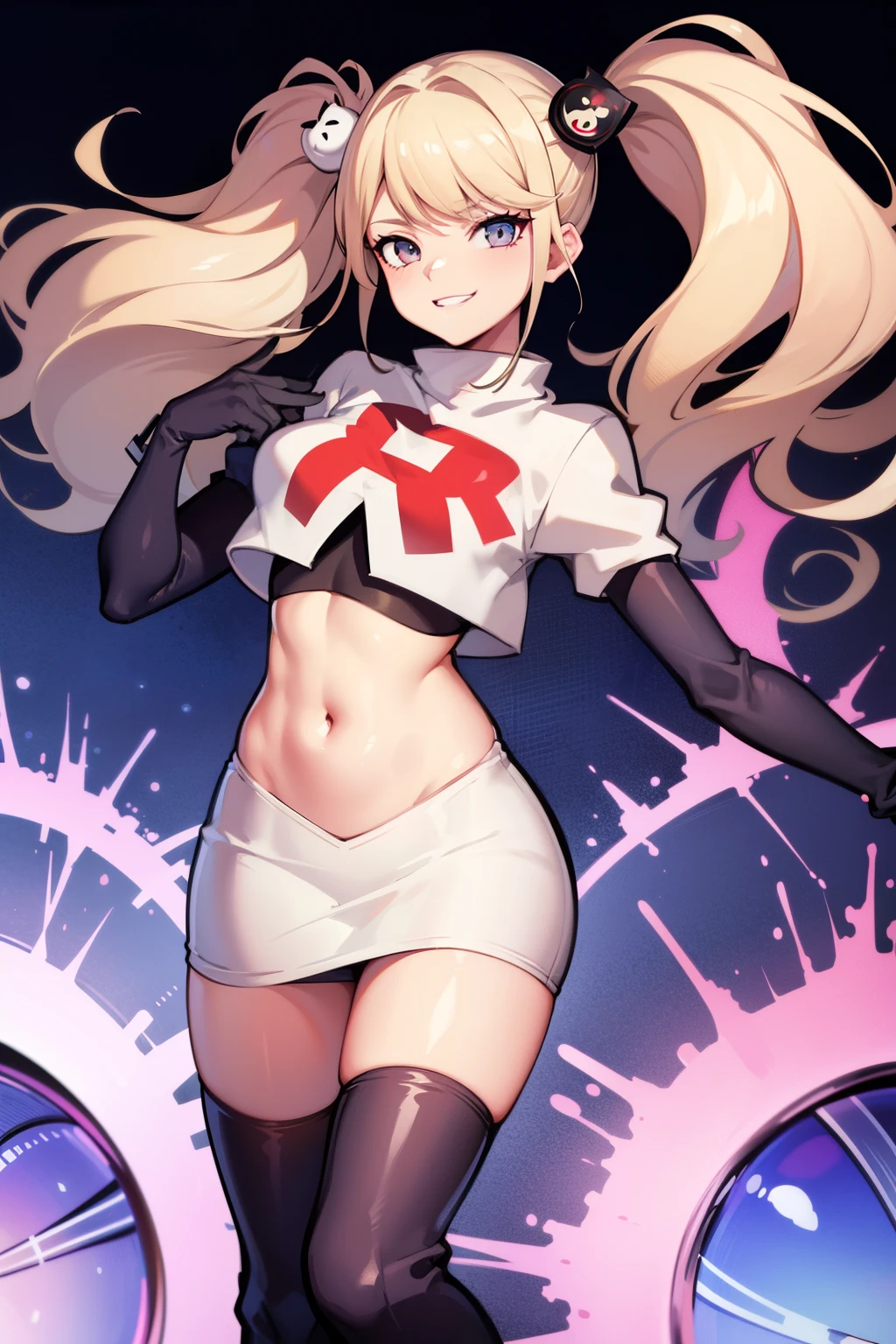 junko enoshima, glossy lips ,team rocket,team rocket uniform, red letter R, white skirt,white crop top,black thigh-high boots, black elbow gloves , looking at viewer, evil smile,