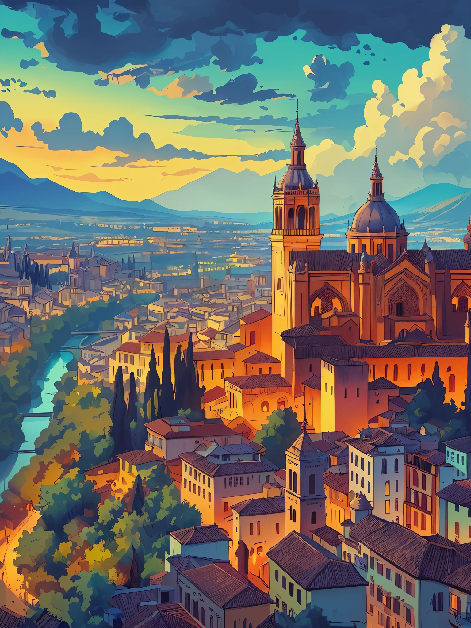 arafed view of a large building with a river running through it, seville, in a city with a rich history, spain, madrid, stunning image, by Luis Paret y Alcazar, inspired by Luis Paret y Alcazar, in spain, royal palace near the lake, ornate tiled architecture, southern european scenery, royal palace