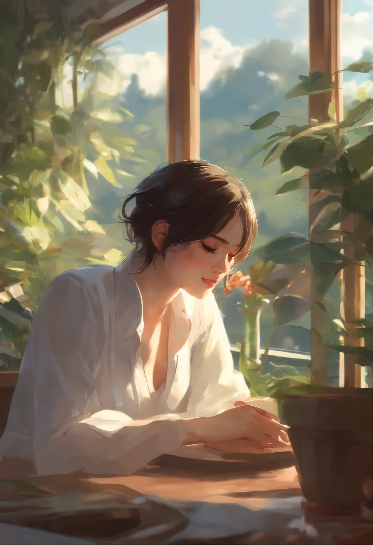 Her thin straight eyebrows came together into a thread, and dark circles appeared under the eyes.Makoto Shinkai and (Cainova plague), sakimichan and makoto shinkai, guweiz, Kissing together, artwork in the style of guweiz