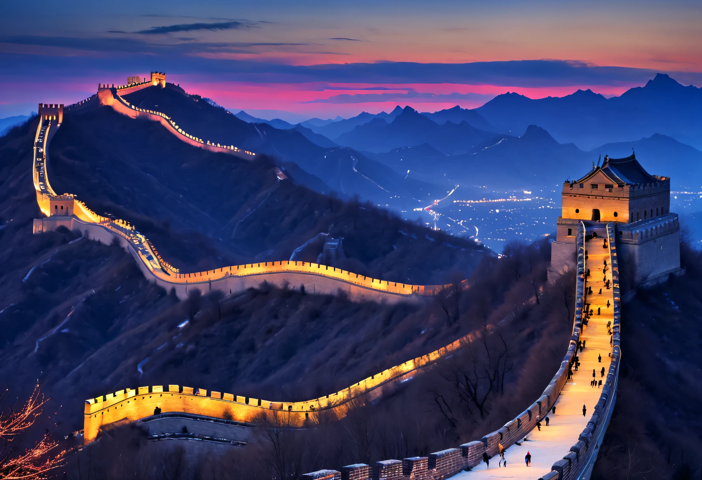 (ancient painting &cite;Thousands of miles of rivers and mountains&cite; Projection on the Great Wall of China.: 1.2), (a happy new year: 1.3),high - tech,photography of,古画high - tech