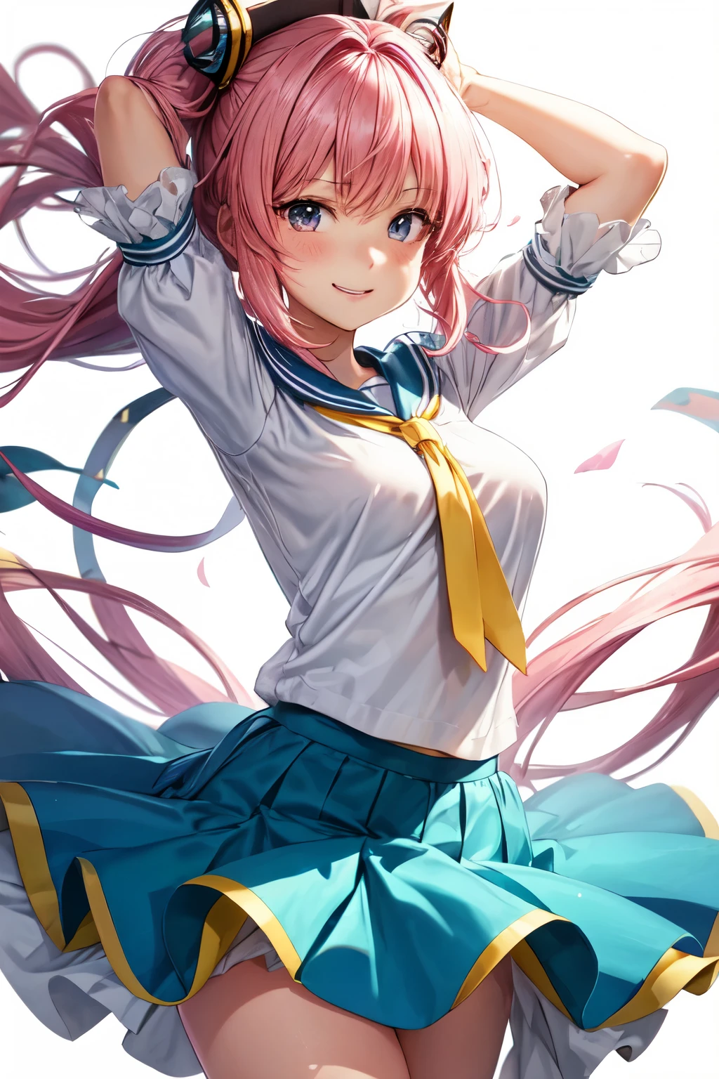 Milim nava, 1girl, solo, ((sailor uniform)), black thighhighs, breasts, cleavage, pleated skirt, hair between eyes, large breasts, long hair, looking at viewer, messy hair, long twintail, pink hair, pink short nails, solo, thighhighs, thighs, long hair, ((masterpiece)), standing, ear piercing, sexy pose, blush, shy, smile, show teeth, japanese temple, sakura tree,