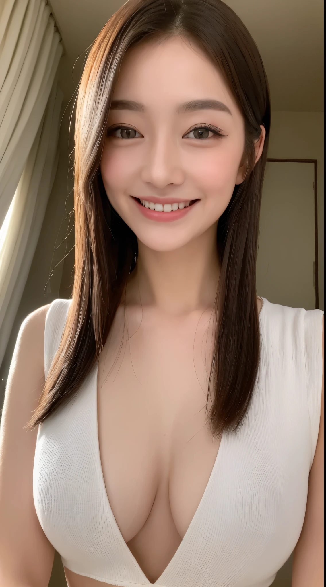 ((top-quality、8K、masterpiece:1.3))、1girl in、Slim Abs Beauty:1.3、(Hairstyle Casual、Colossal tits:1.2)、doress:1.1、Super fine face、Delicat eyes、二重まぶた、A smile、Home、Smile with closed mouth