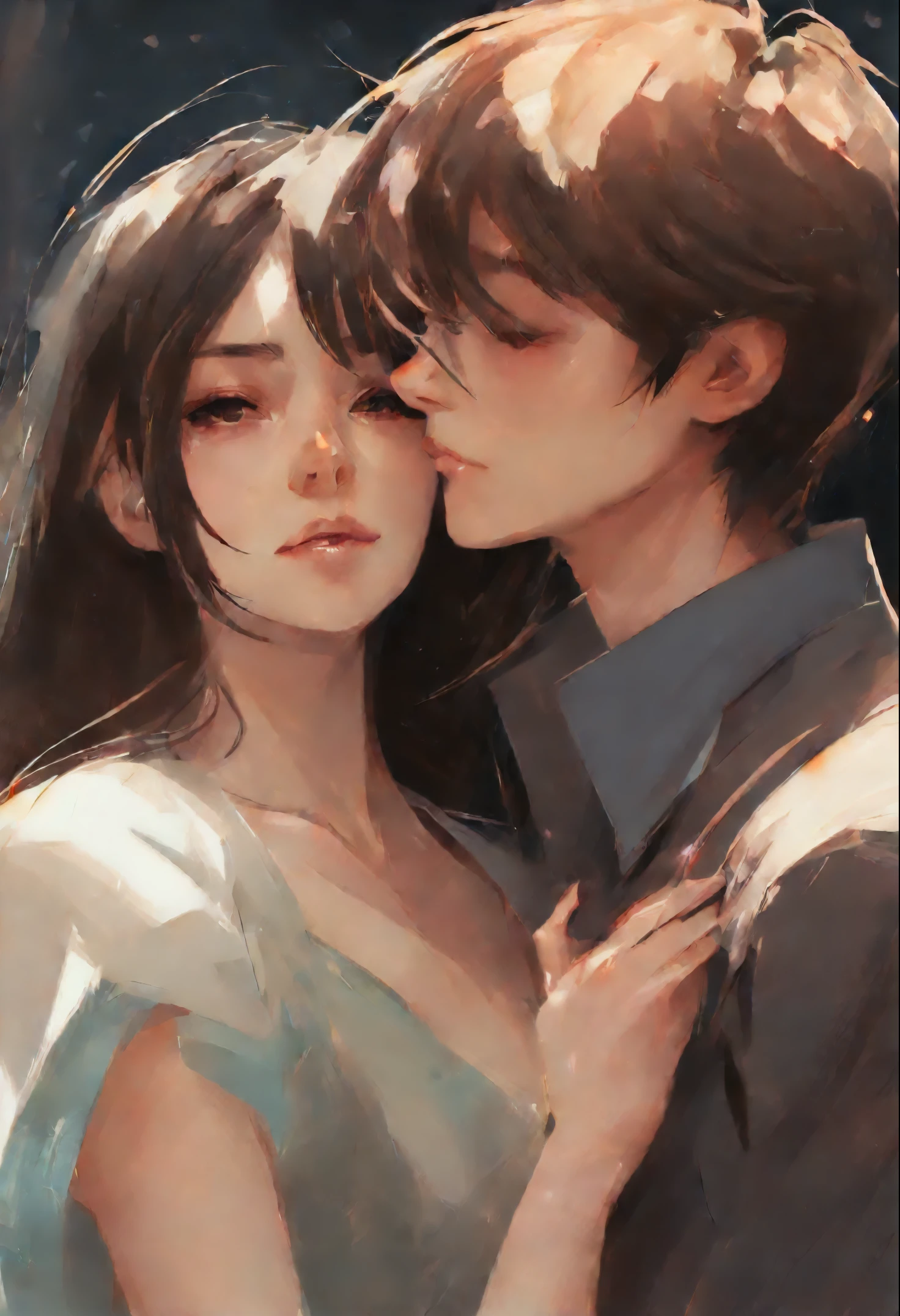 Her thin straight eyebrows came together into a thread, and dark circles appeared under the eyes.Makoto Shinkai and (Cainova plague), sakimichan and makoto shinkai, guweiz, Kissing together, artwork in the style of guweiz