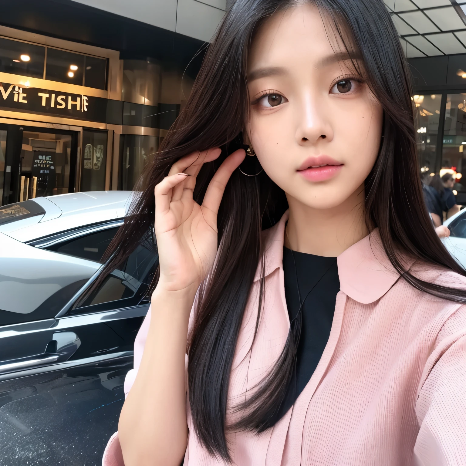 A woman with the eyes of BLACKPINK's Jennie, the face of Ive's Wonyoung, and long black hair with bangs, pale skin, some freckles on her face and honey brown eyes, wearing a pink blouse and jeans while using her cell phone.