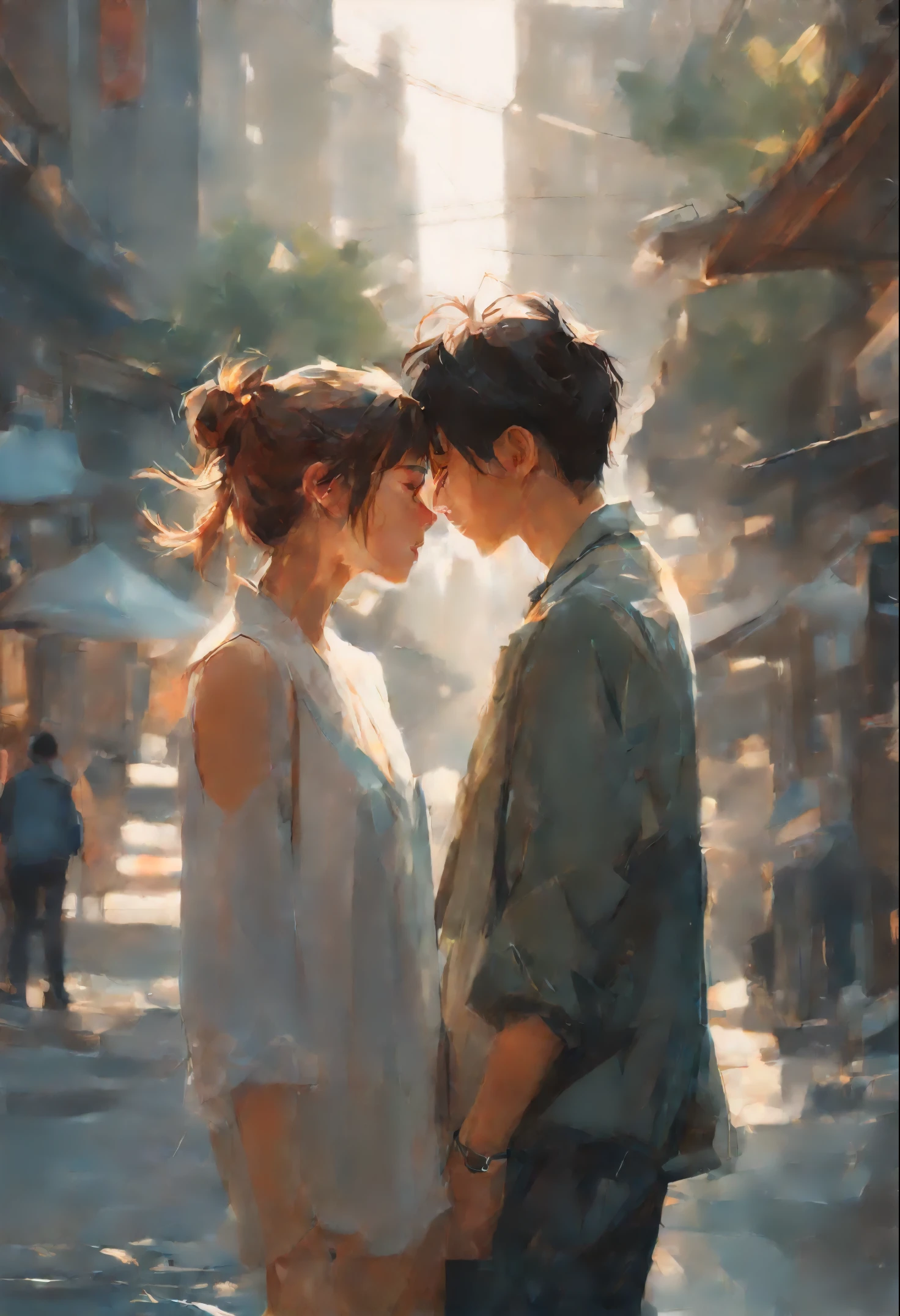 Her thin straight eyebrows came together into a thread, and dark circles appeared under the eyes.Makoto Shinkai and (Cainova plague), sakimichan and makoto shinkai, guweiz, Kissing together, artwork in the style of guweiz
