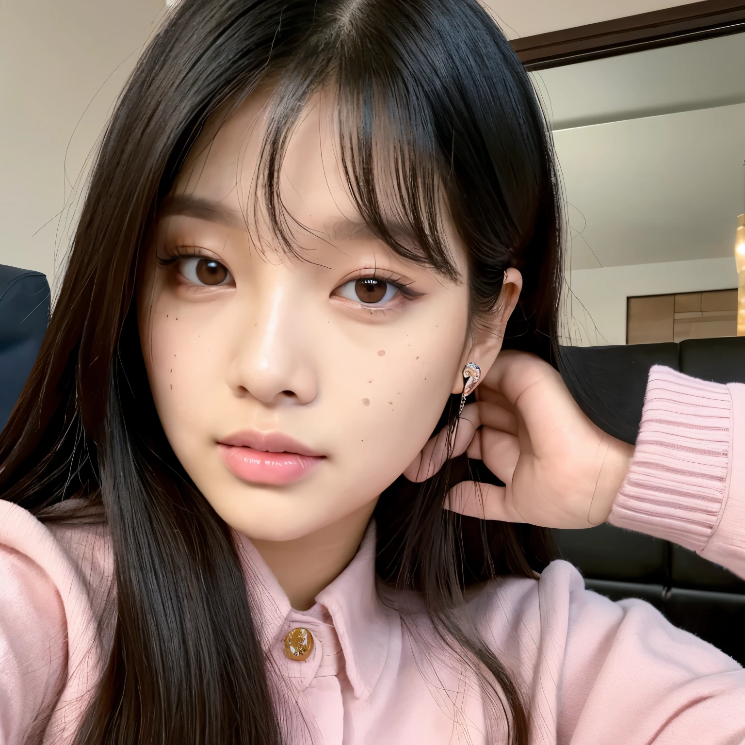 A woman with the eyes of BLACKPINK's Jennie, the face of Ive's Wonyoung, and long black hair with bangs, pale skin, some freckles on her face and honey brown eyes,  wearing a pink blouse and jeans while using her cell phone.