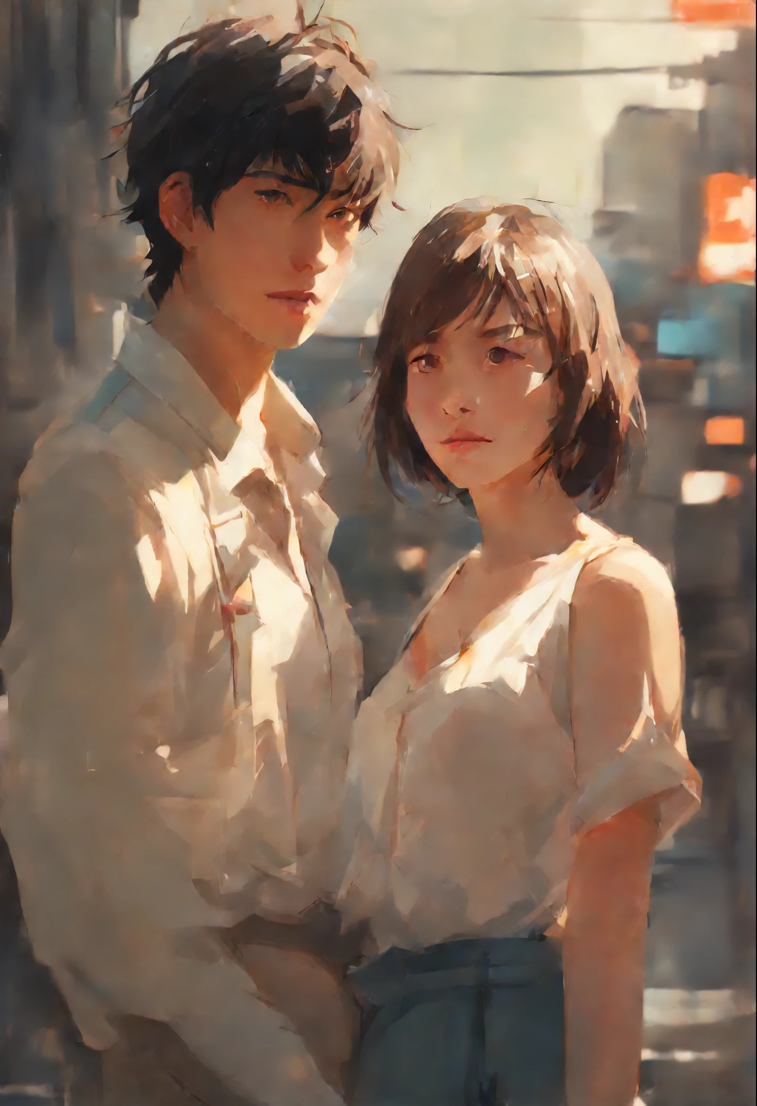 Her thin straight eyebrows came together into a thread, and dark circles appeared under the eyes.Makoto Shinkai and (Cainova plague), sakimichan and makoto shinkai, guweiz, Kissing together, artwork in the style of guweiz