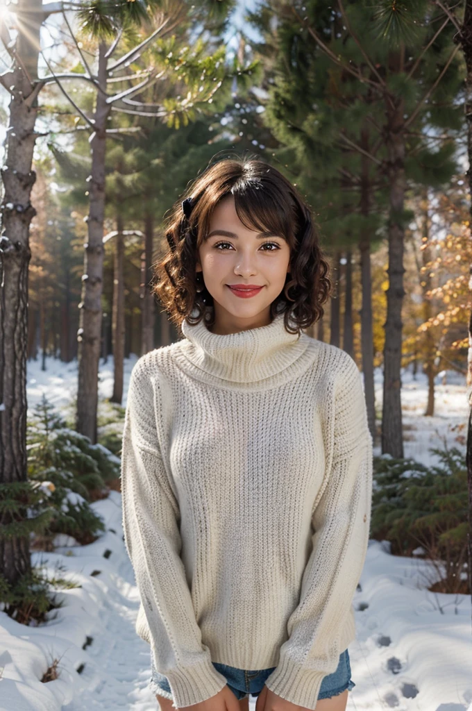 girl wearing sweater and muffler on snow forest, pretty face, photo-realistic, masterpiece, depth of field, full body shot, light smile, super detail, light red lips, cool looks, black short hair, ringlets