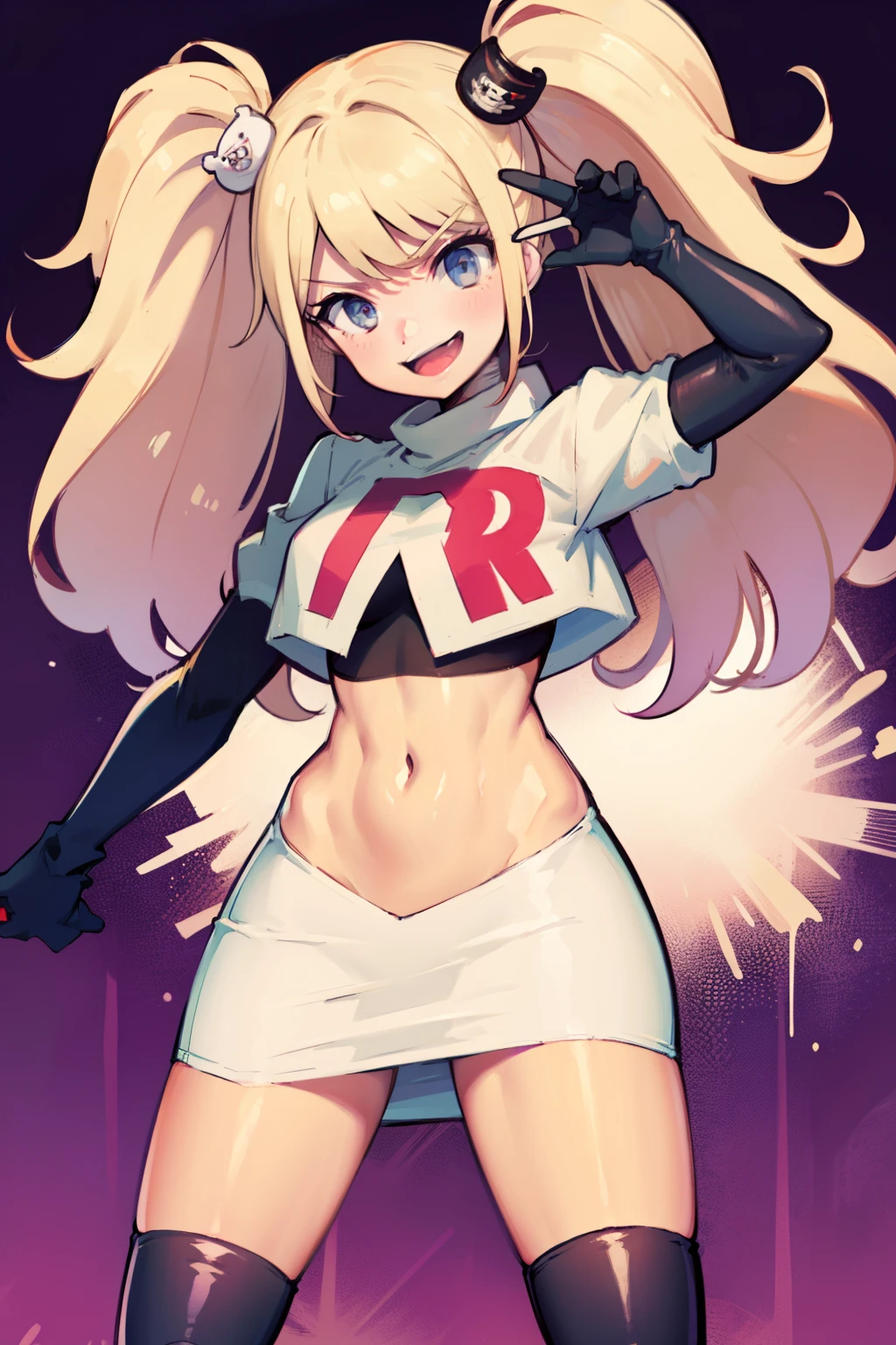 junko enoshima, glossy lips ,team rocket,team rocket uniform, red letter R, white skirt,white crop top,black thigh-high boots, black elbow gloves , looking at viewer, evil smile,