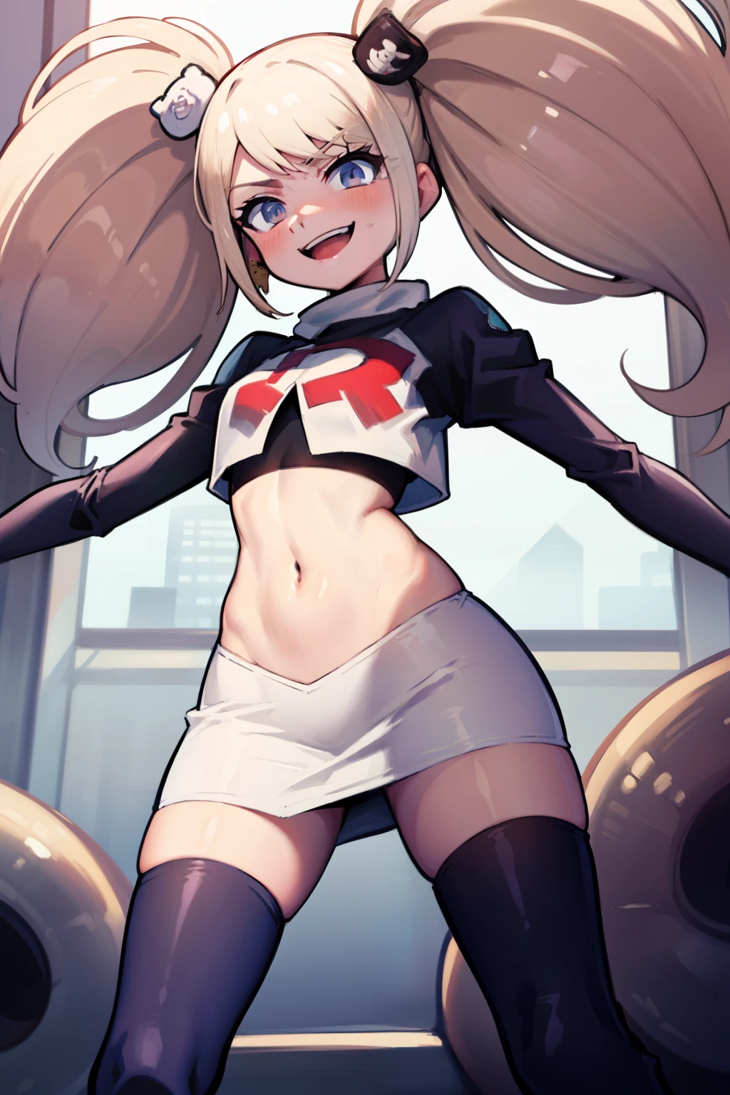 junko enoshima, glossy lips ,team rocket,team rocket uniform, red letter R, white skirt,white crop top,black thigh-high boots, black elbow gloves , looking at viewer, evil smile,