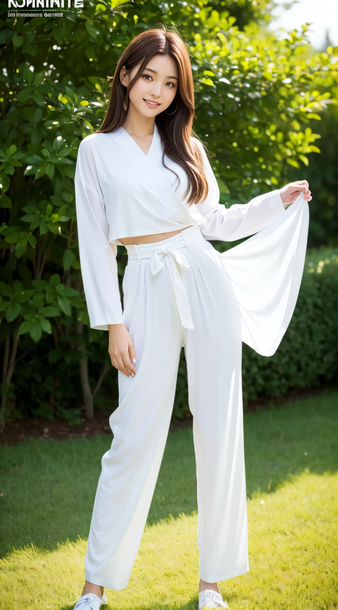 (Photorealsitic)(), Pretty Woman, (Full body 8K portrait), 1 girl in, White Karate Uniform, White karate pants, Stand alone,  Correct skeleton, Large and dynamic hand and foot movements, Stick out your fist, Make a high side kick, Perfect facial detail, (Smile: 1.15), attractive beautiful face, gazing at viewer, a small face, 二重まぶた, Beautiful detailed eyes, long eyeslashes, ligh brown hair, bobhair,Hairstyles in styles, Toned waist, Beautiful thin legs, toned ankles, bare-legged ,TOKYOcty, Green in the background, no nsfw