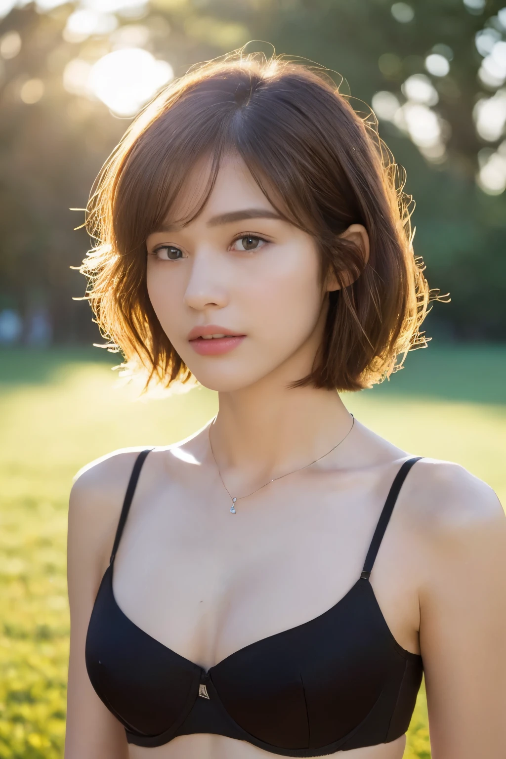 ((top-quality、8K、masterpiece: 1.erfect Body Beauty: 1.4、Slender Abs: 1.2、Beautiful woman with slender abs:1.3、(Highlight Haircutreast B Cup:1.2), medium breast, round shape breast, perfect shape breast, (loose white T-shirt), (black bra , bra straps) necklace, hyperdetailed face、18year old、 Pretty women、(Dark brown short-cut hair), Slim Face、Highly detailed facial and skin texture、very detailed lips,top-quality、masterpiece、超A high resolution、(Photorealsitic:1.4), long shot , (in park with blur background), bright background, sunset light,