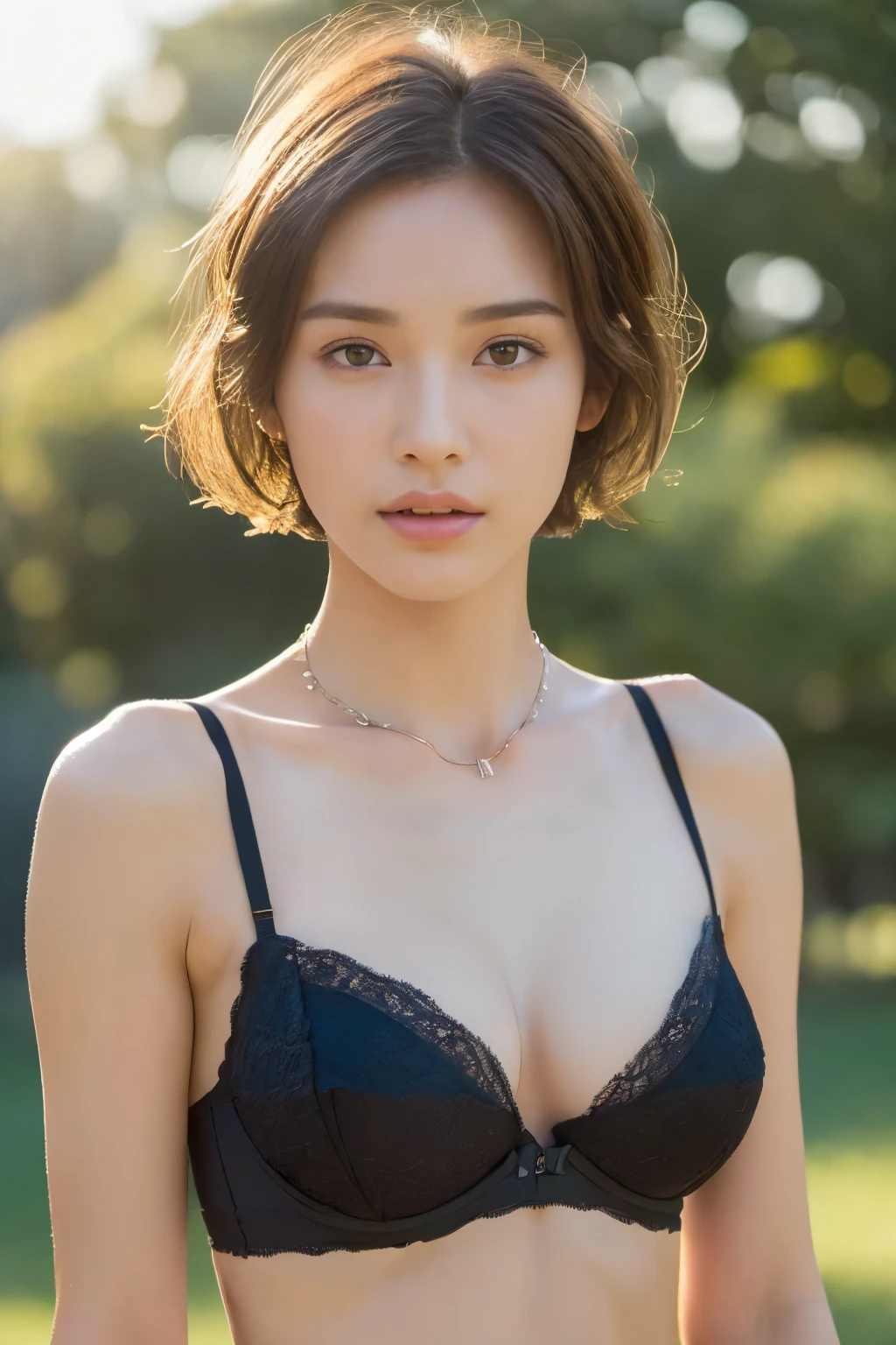 ((top-quality、8K、masterpiece: 1.erfect Body Beauty: 1.4、Slender Abs: 1.2、Beautiful woman with slender abs:1.3、(Highlight Haircutreast B Cup:1.2), medium breast, round shape breast, perfect shape breast, (loose white T-shirt), (black bra , bra straps) necklace, hyperdetailed face、18year old、 Pretty women、(Dark brown short-cut hair), Slim Face、Highly detailed facial and skin texture、very detailed lips,top-quality、masterpiece、超A high resolution、(Photorealsitic:1.4), long shot , (in park with blur background), bright background, sunset light,